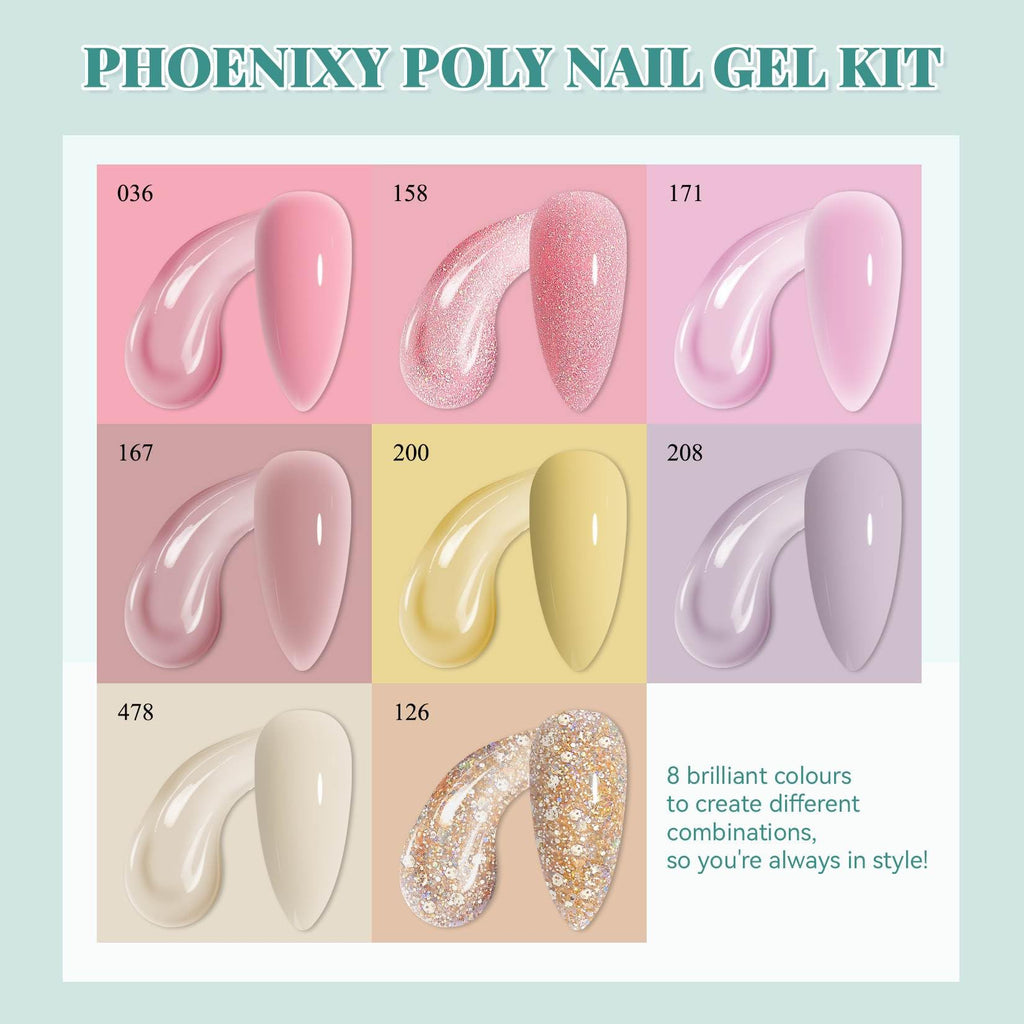 7 different packs . Phoenixy Poly Nail Gel Kit 6 Colors Pink Nude with Sliver Gold Glitter Poly Extension Gel 15 ml
