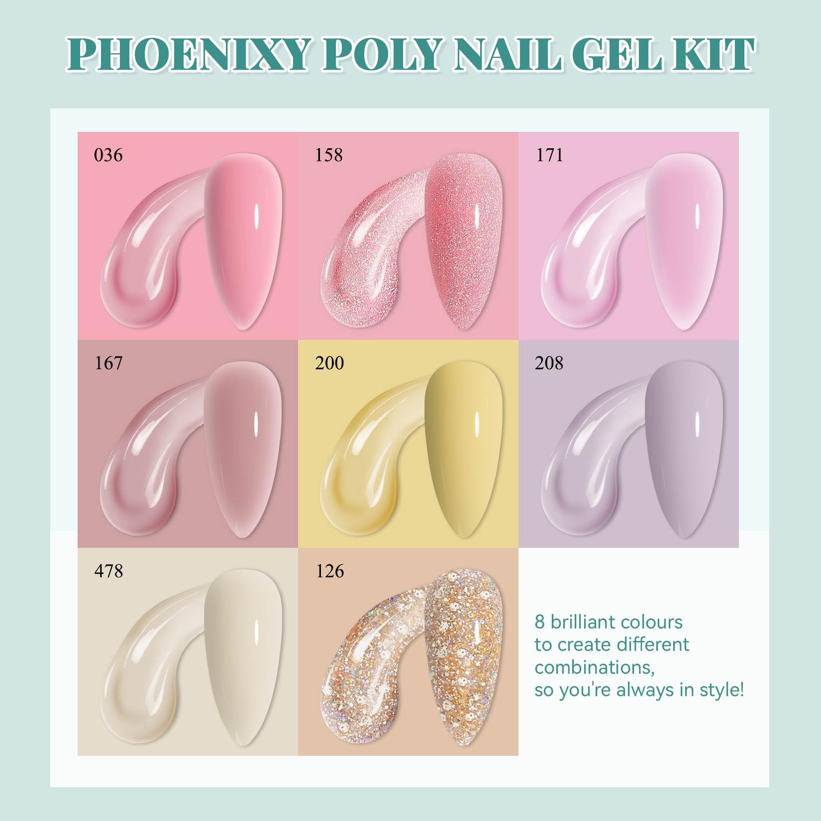 7 different packs . Phoenixy Poly Nail Gel Kit 6 Colors Pink Nude with Sliver Gold Glitter Poly Extension Gel 15 ml