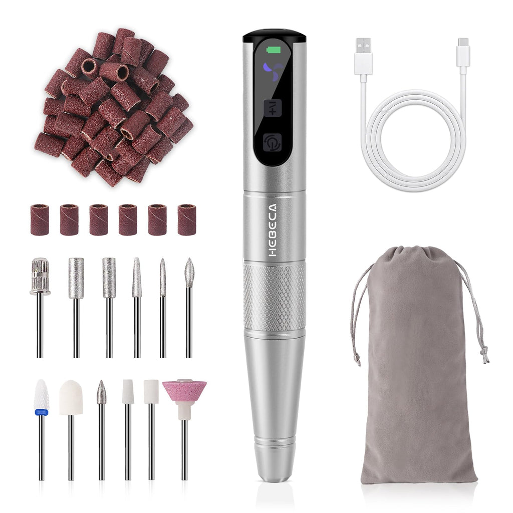 HEBECA Cordless Nail Drill Set - Professional Electric Nail File with 12 Drill Bits 26 Sanding Bands for Natural or Acrylic Gel Nails -Rechargeable.