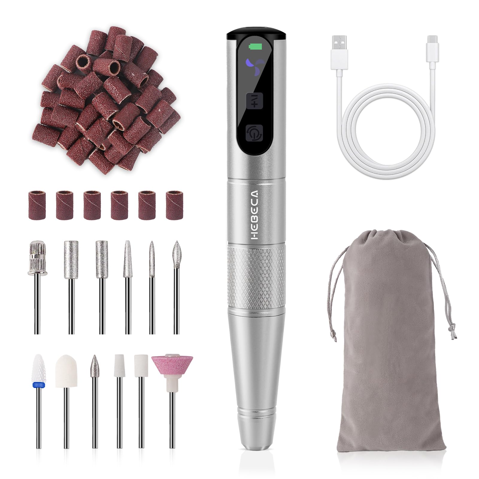 HEBECA Cordless Nail Drill Set - Professional Electric Nail File with 12 Drill Bits 26 Sanding Bands for Natural or Acrylic Gel Nails -Rechargeable.