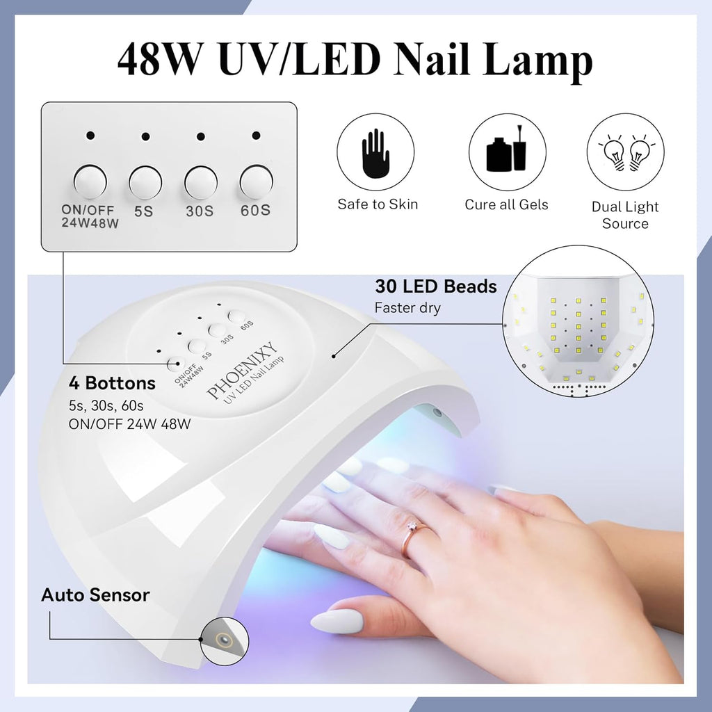 PHOENIXY 56 Pcs 108 Effect Gel Nail Polish with U V Light 48W Base Glitter Top Coat Kit