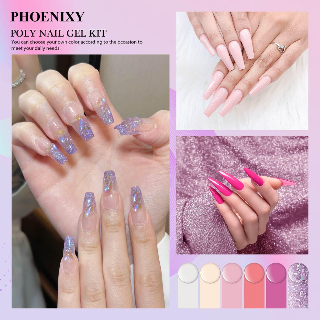 7 different packs . Phoenixy Poly Nail Gel Kit 6 Colors Pink Nude with Sliver Gold Glitter Poly Extension Gel 15 ml