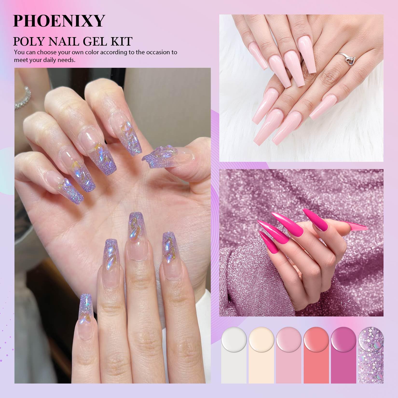 7 different packs . Phoenixy Poly Nail Gel Kit 6 Colors Pink Nude with Sliver Gold Glitter Poly Extension Gel 15 ml