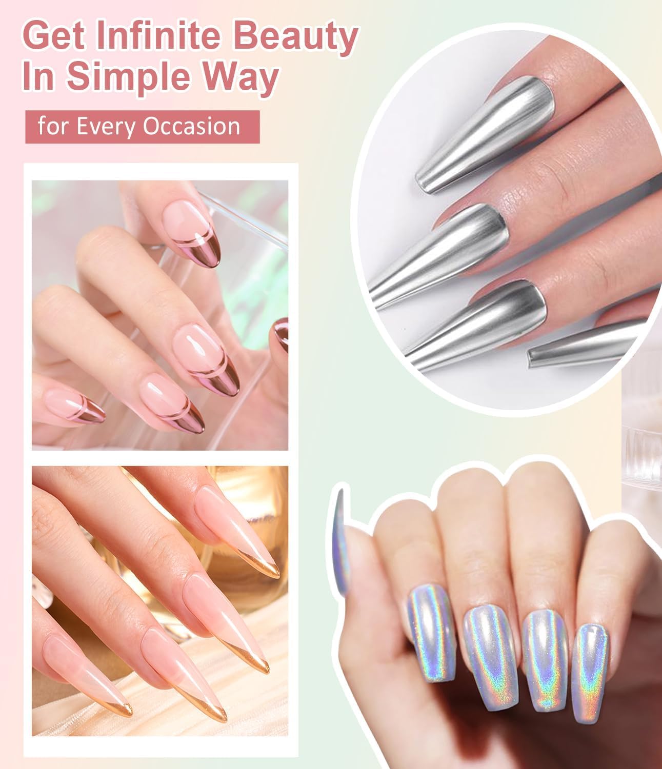 Holographic Chrome Nail Powder . (  4 different packs )