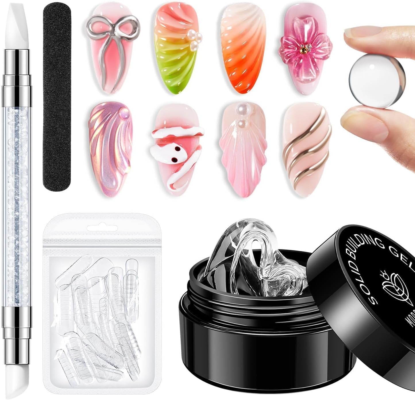 Modelones Builder Nail Gel - 15g Clear Solid Builder Gel for Nails, Nail Extension, 3D Sculpting Gel for Nail Art .Set with Nail Forms and Silicone Pen
