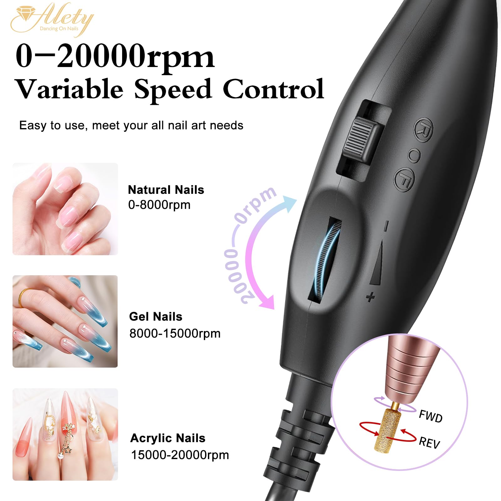 Alety Electric Nail Drill Kit, Portable Electric Nail File for Acrylic Gel Nails, Professional Nail Drills Machine Efile Manicure Pedicure Tools with Gold Nail Drill Bits