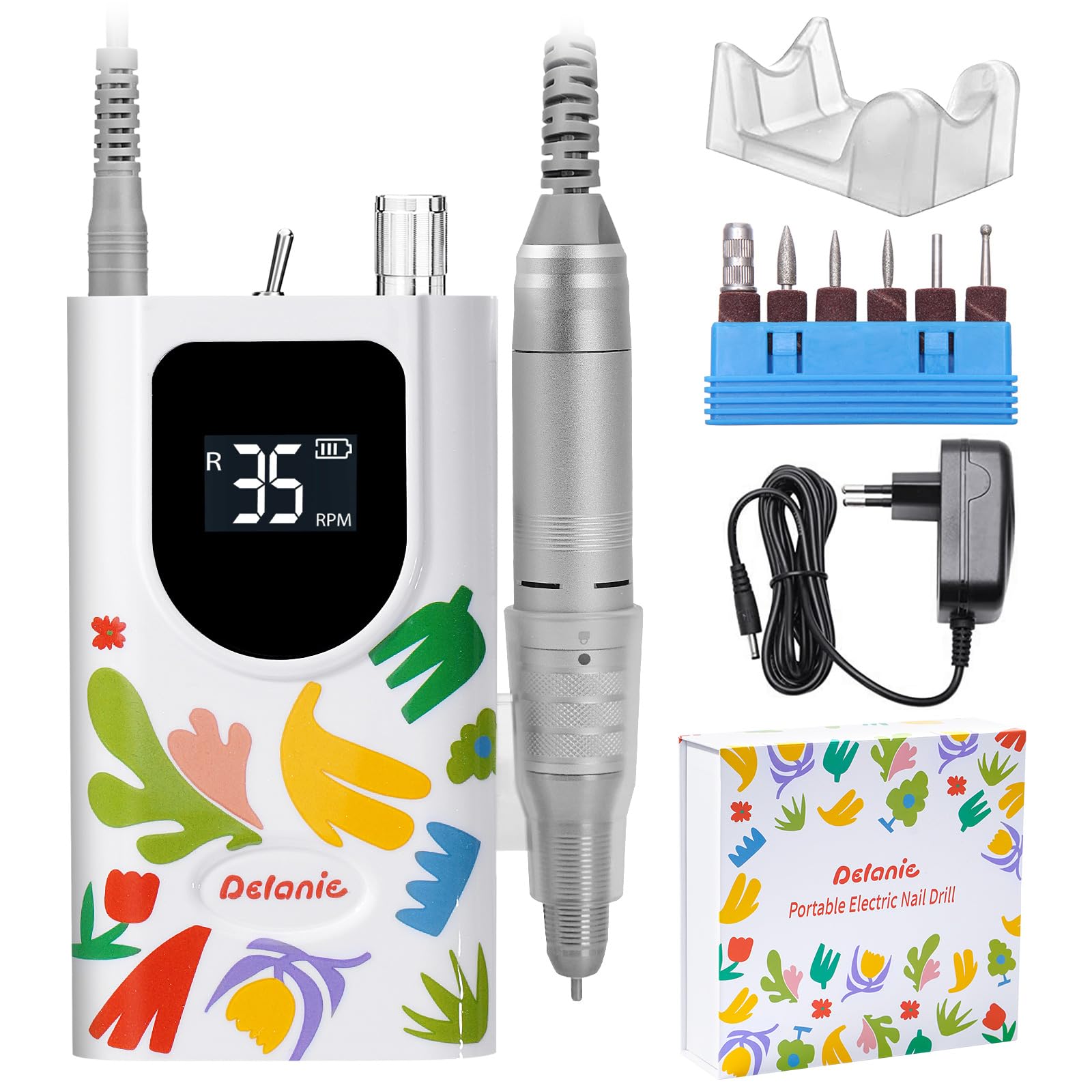 Delanie Professional Nail Drill High Torque 35000 RPM Rechargeable Portable Electric Nail File for Acrylic & Gel, High Speed, Low Heat, Low Vibration (7 colors )