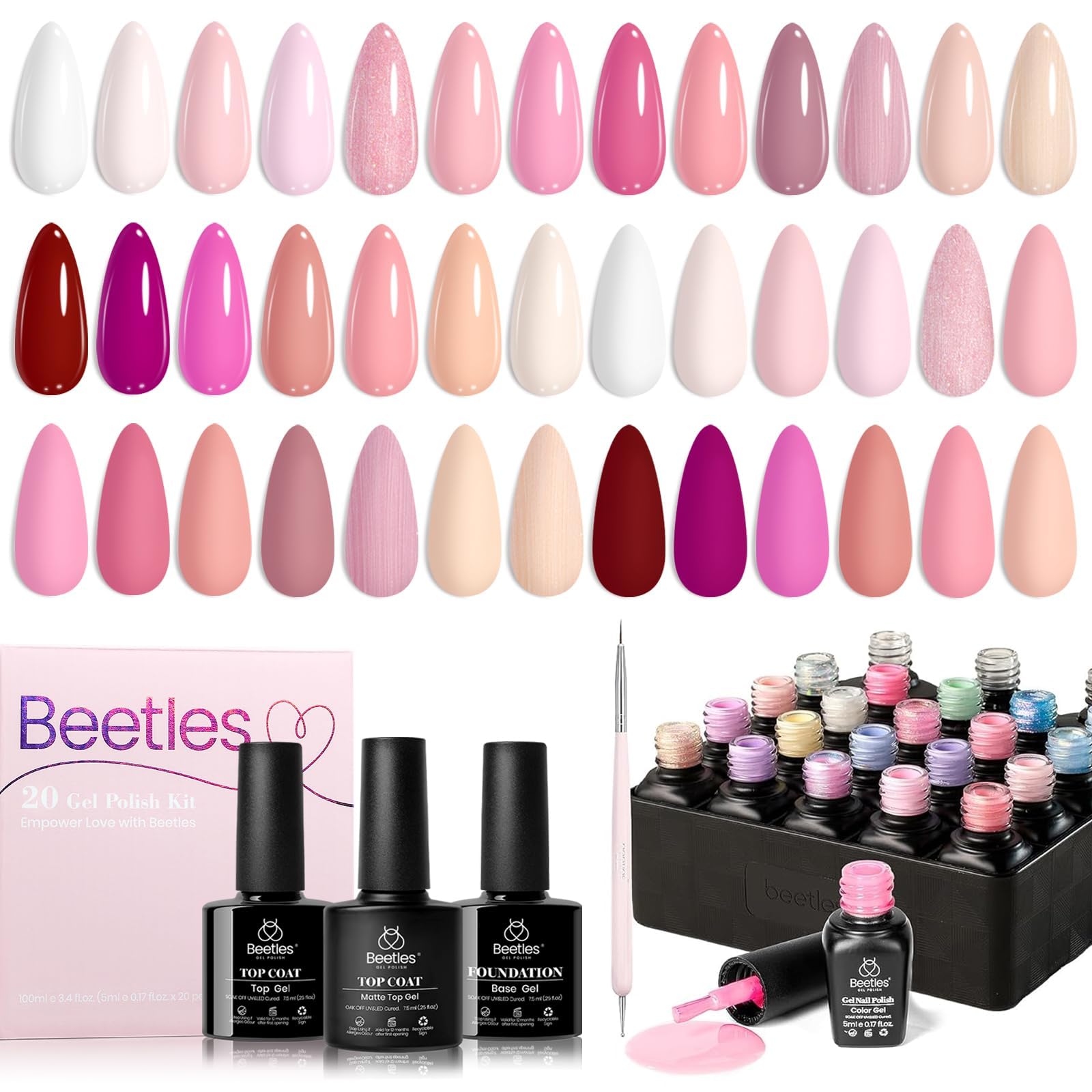 Beetles Gel Nail Polish Kit, ( 16 diff combinations and prices) 20 Colors Soak Off Gel Polish with 1 Base Coat 1 Glossy & 1 Matte Top Coat