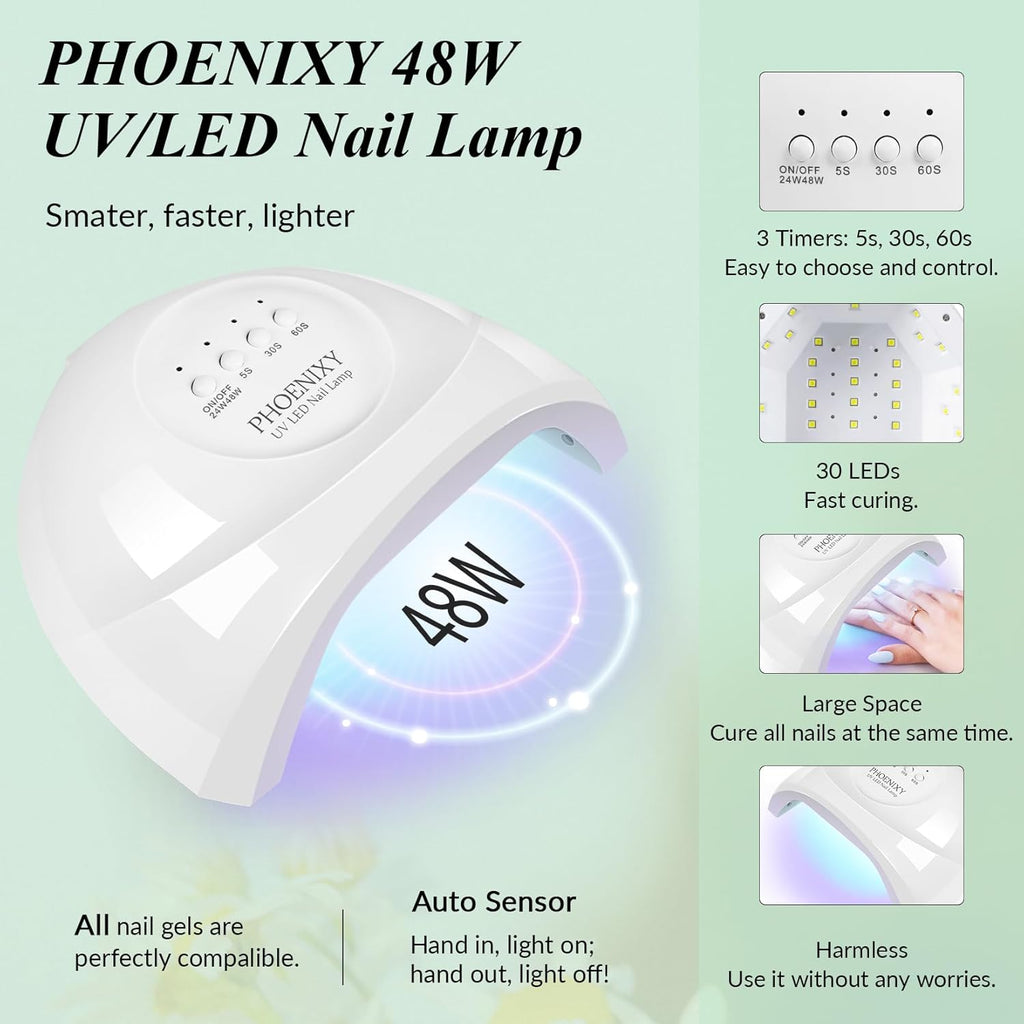 PHOENIXY 56 Pcs 108 Effect Gel Nail Polish with U V Light 48W Base Glitter Top Coat Kit