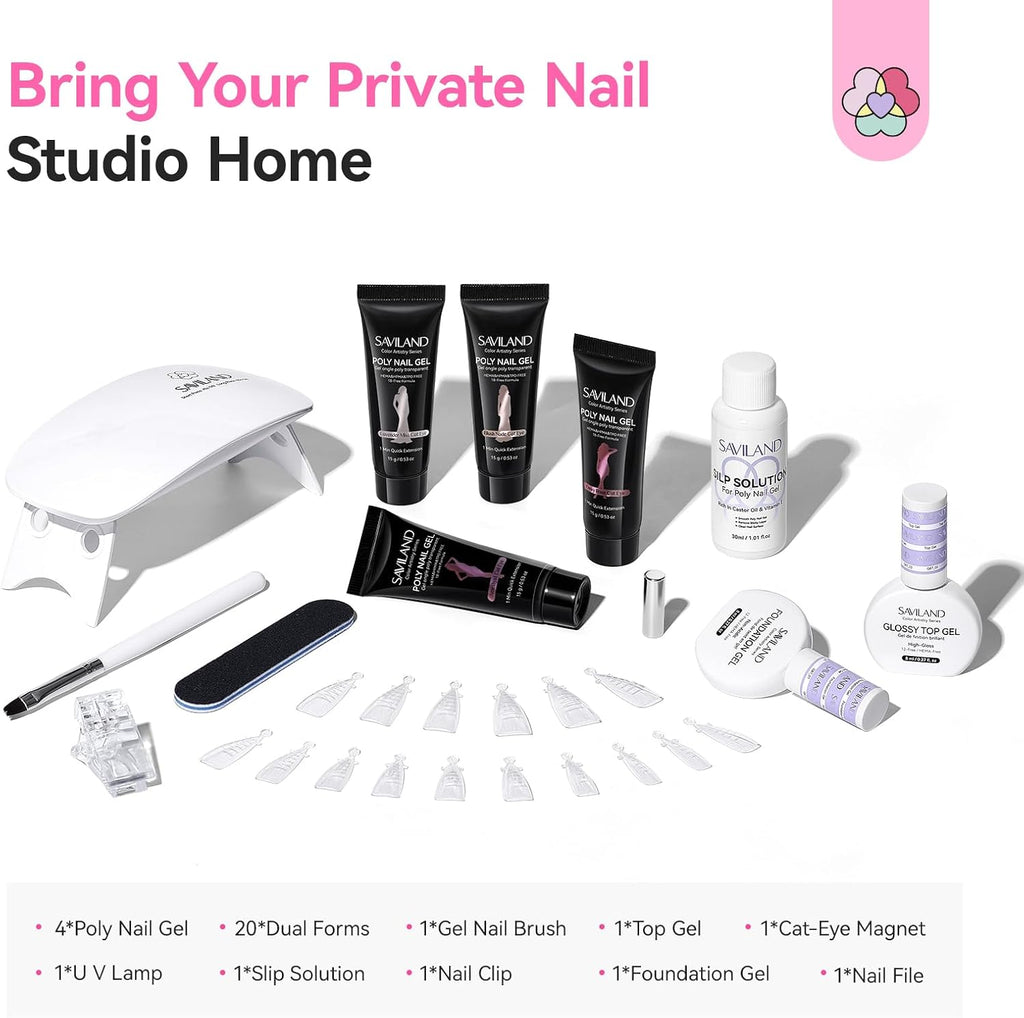 SAVILAND Cat-Eye Poly Nail Gel Kit, 4 Colors with UV Lamp