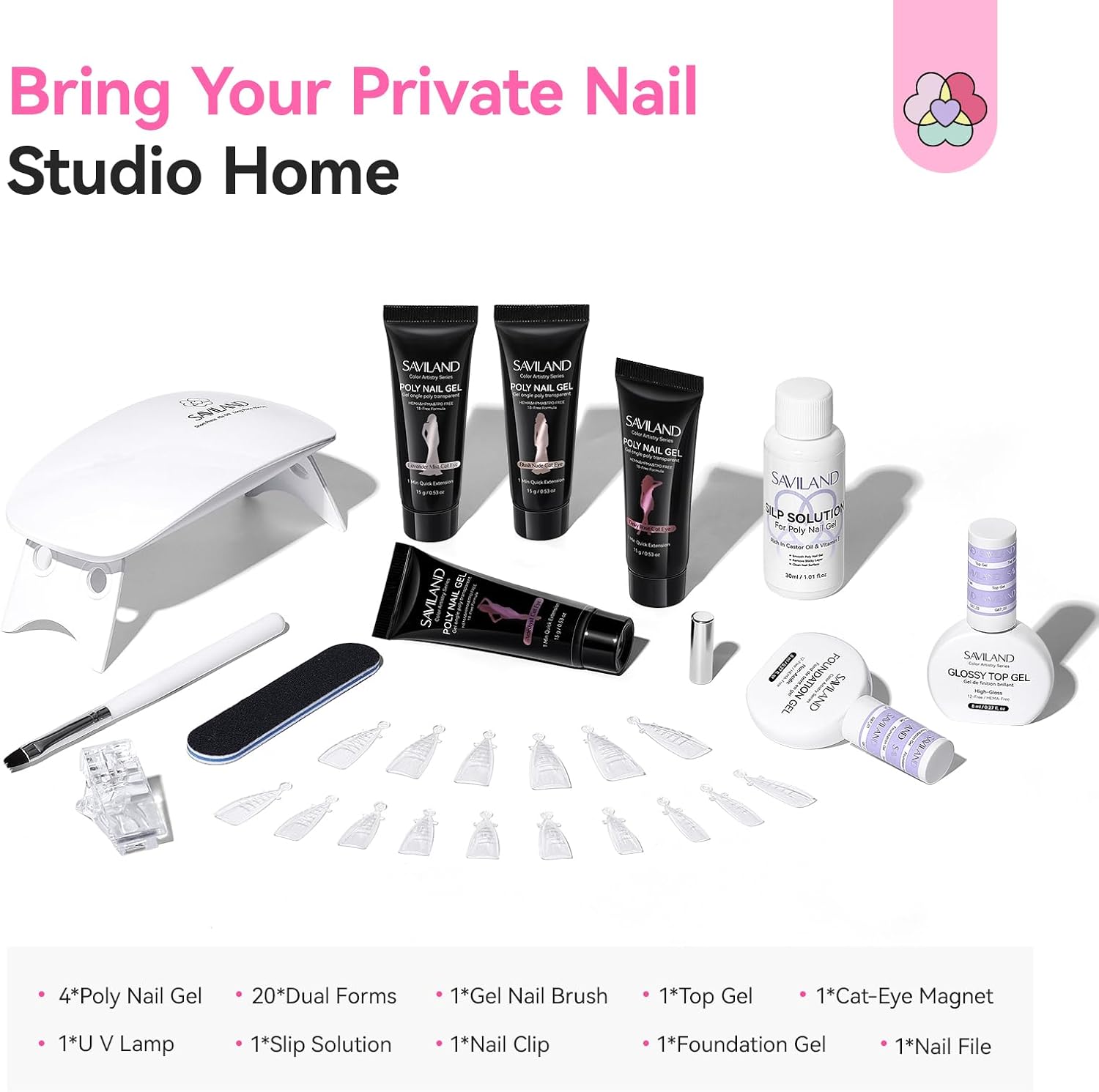SAVILAND Cat-Eye Poly Nail Gel Kit, 4 Colors with UV Lamp