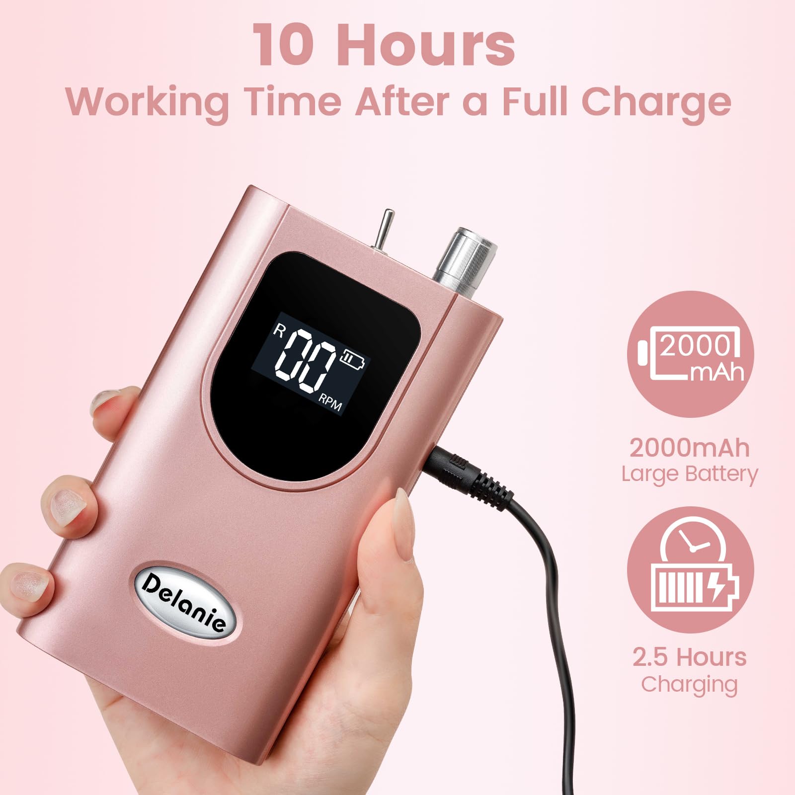 Delanie Professional Nail Drill High Torque 35000 RPM Rechargeable Portable Electric Nail File for Acrylic & Gel, High Speed, Low Heat, Low Vibration (7 colors )