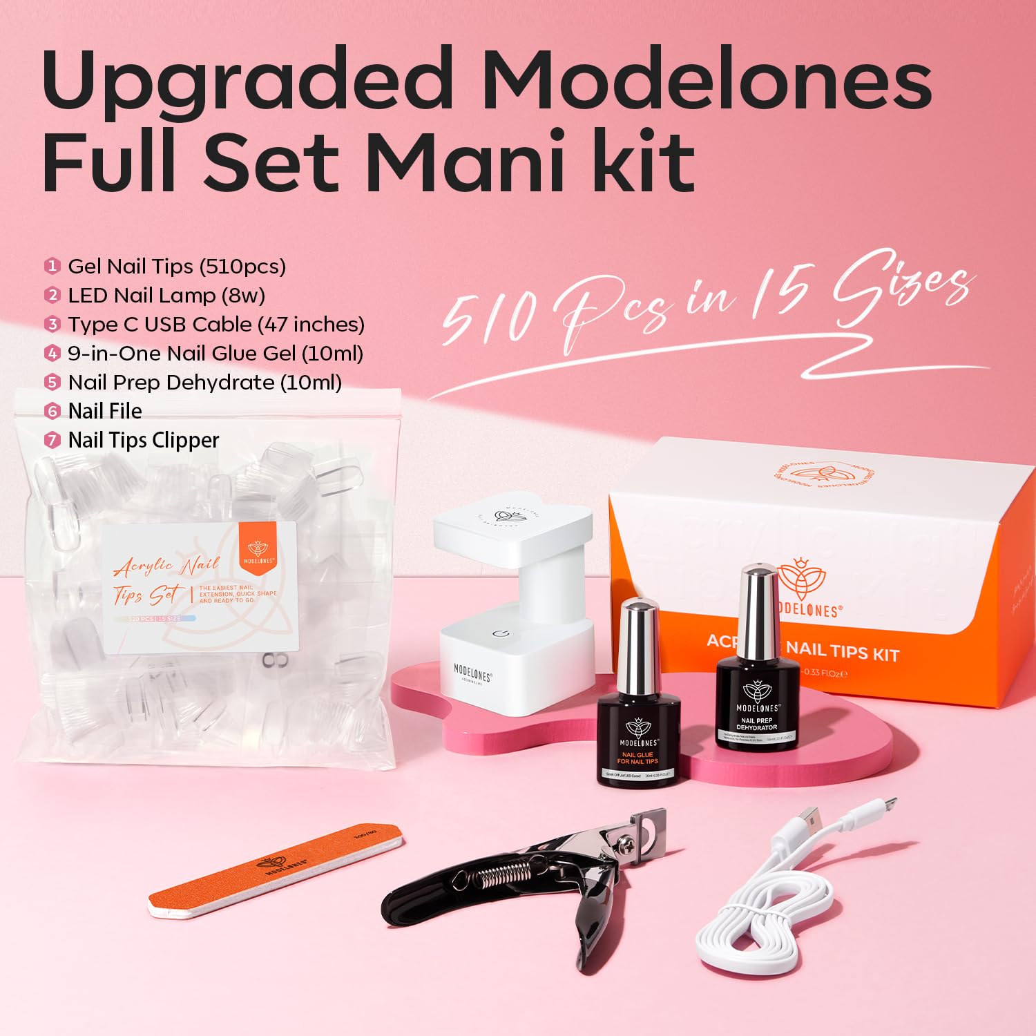 modelones Nail Tips and Glue Gel Nail Kit  (3 diff shapes/packs)Prep Dehydrator 500Pcs Nails Tips 10Sizes Innovative LED Nail Lamp