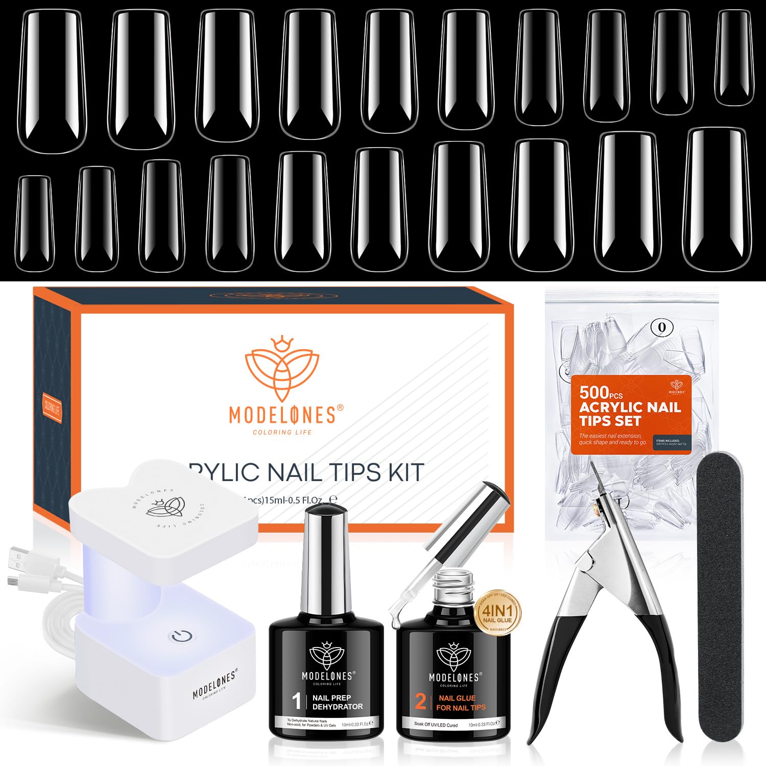 modelones Nail Tips and Glue Gel Nail Kit  (3 diff shapes/packs)Prep Dehydrator 500Pcs Nails Tips 10Sizes Innovative LED Nail Lamp