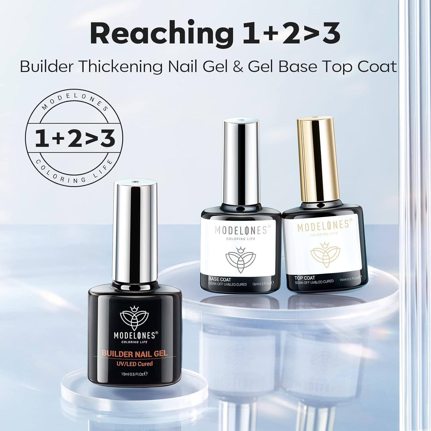 modelones Builder Nail Gel with Gel Top and Base Coat, 3Pcs . Nail Thickening .Apex Building. Nail Extension .Rhinestone Gel Nail Glue, LED Nail Lamp Cured