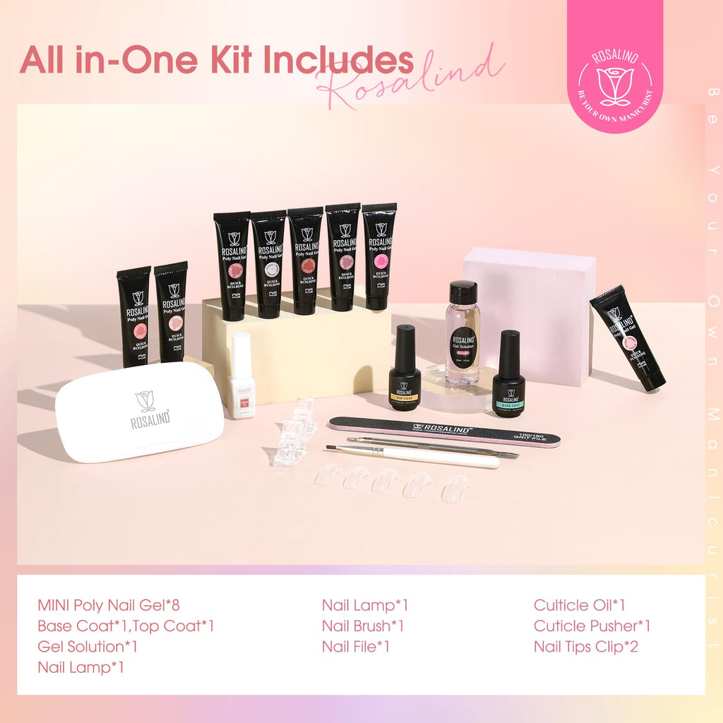 ROSALIND MINI Poly Nail Gel Kit, 8 Colors 0.34oz Each Tube Poly Nails Gel Starter Kit with Slip Solution and Mini UV Lamp, Clear Nude Purple Gels Extension Set