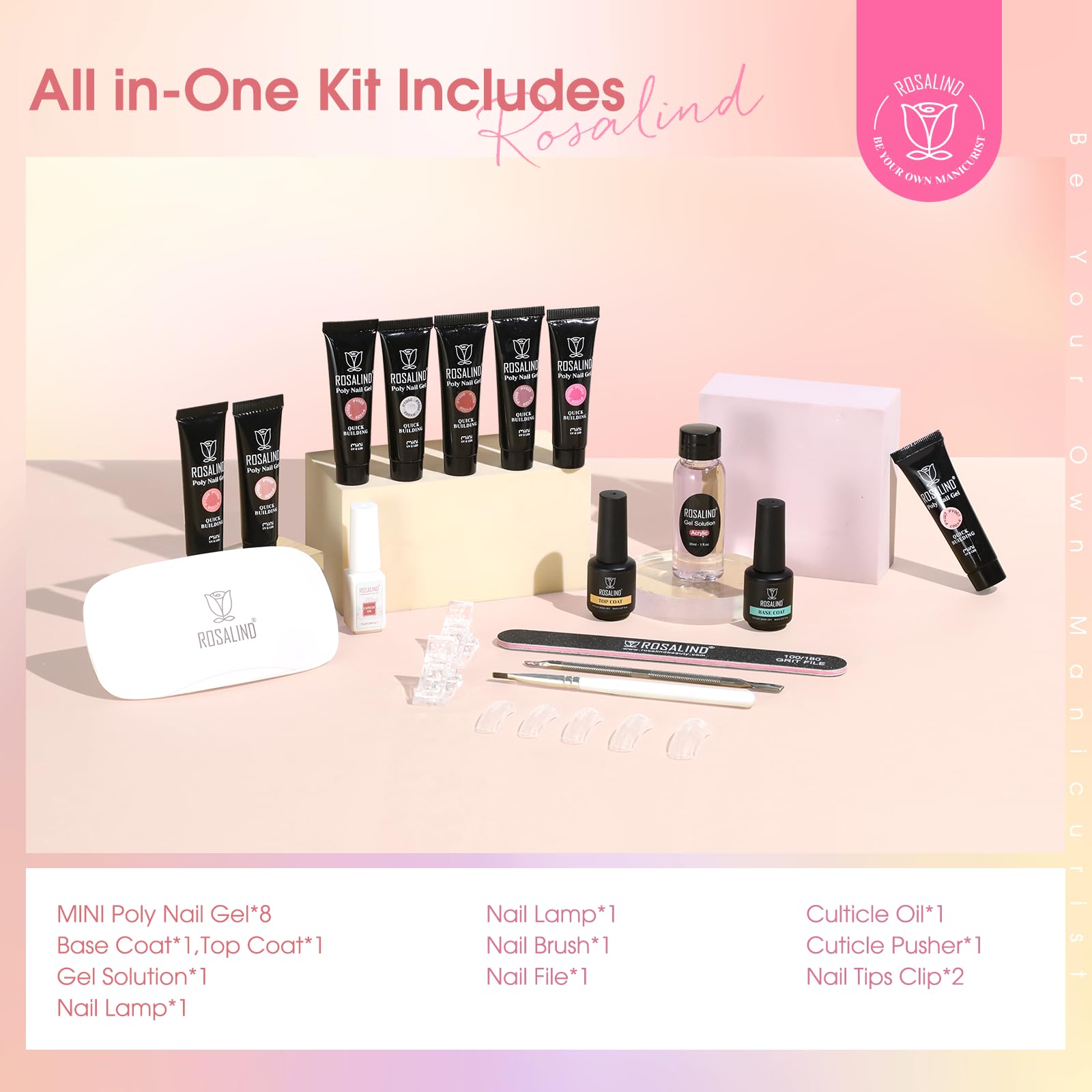 ROSALIND MINI Poly Nail Gel Kit, 8 Colors 0.34oz Each Tube Poly Nails Gel Starter Kit with Slip Solution and Mini UV Lamp, Clear Nude Purple Gels Extension Set
