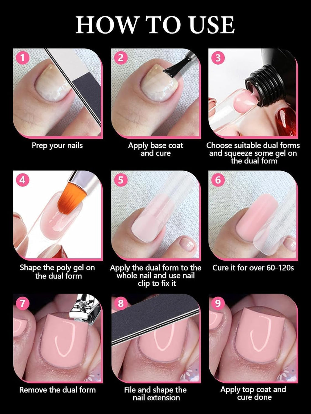 EBANKU 120 PCS Poly Gel Nail Forms for Toes with 75ml Slip Solution, Long Square Dual Forms for Polygel Pedi Nail Extension Poly Gel Toenails Set