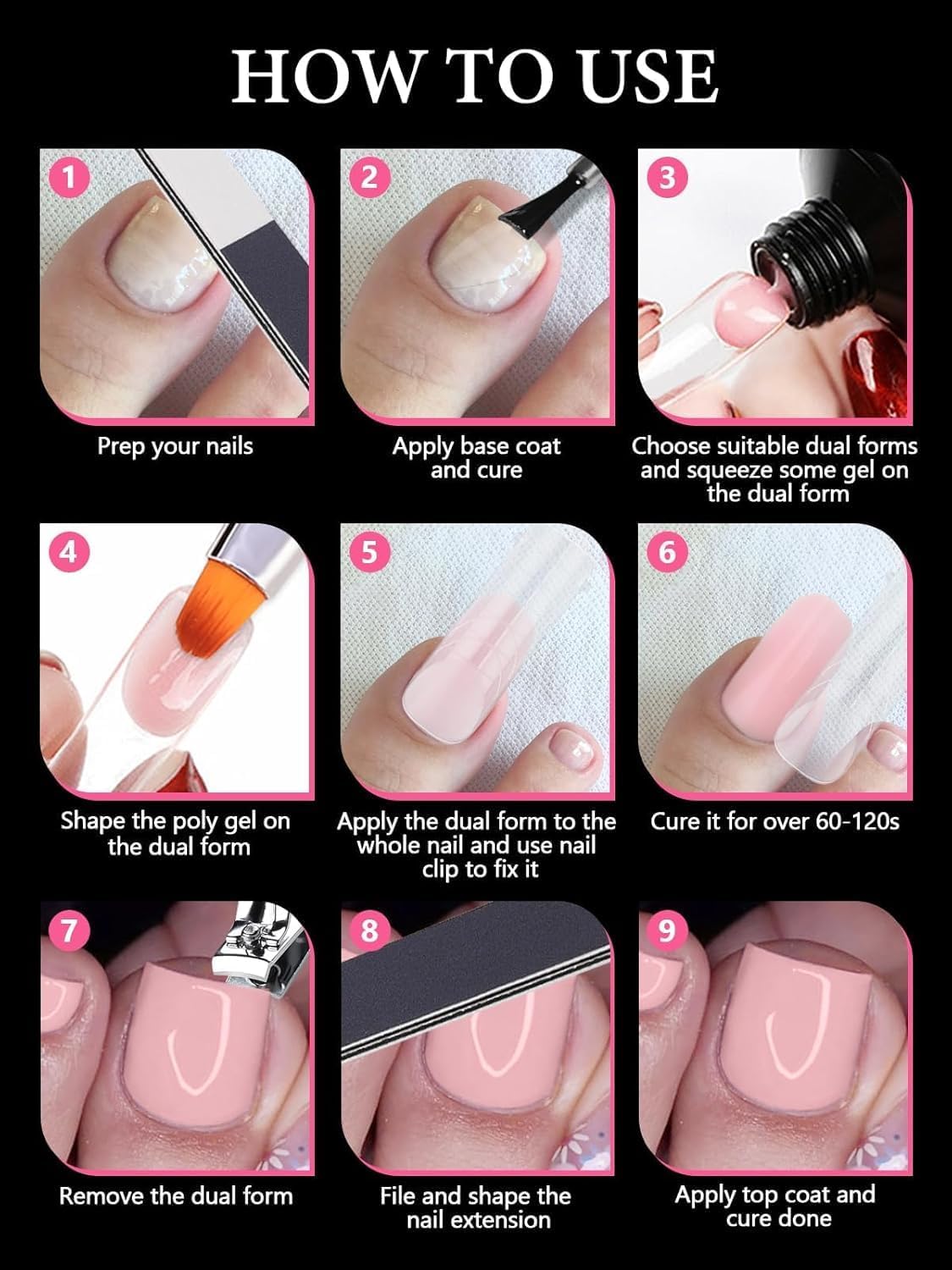 EBANKU 120 PCS Poly Gel Nail Forms for Toes with 75ml Slip Solution, Long Square Dual Forms for Polygel Pedi Nail Extension Poly Gel Toenails Set