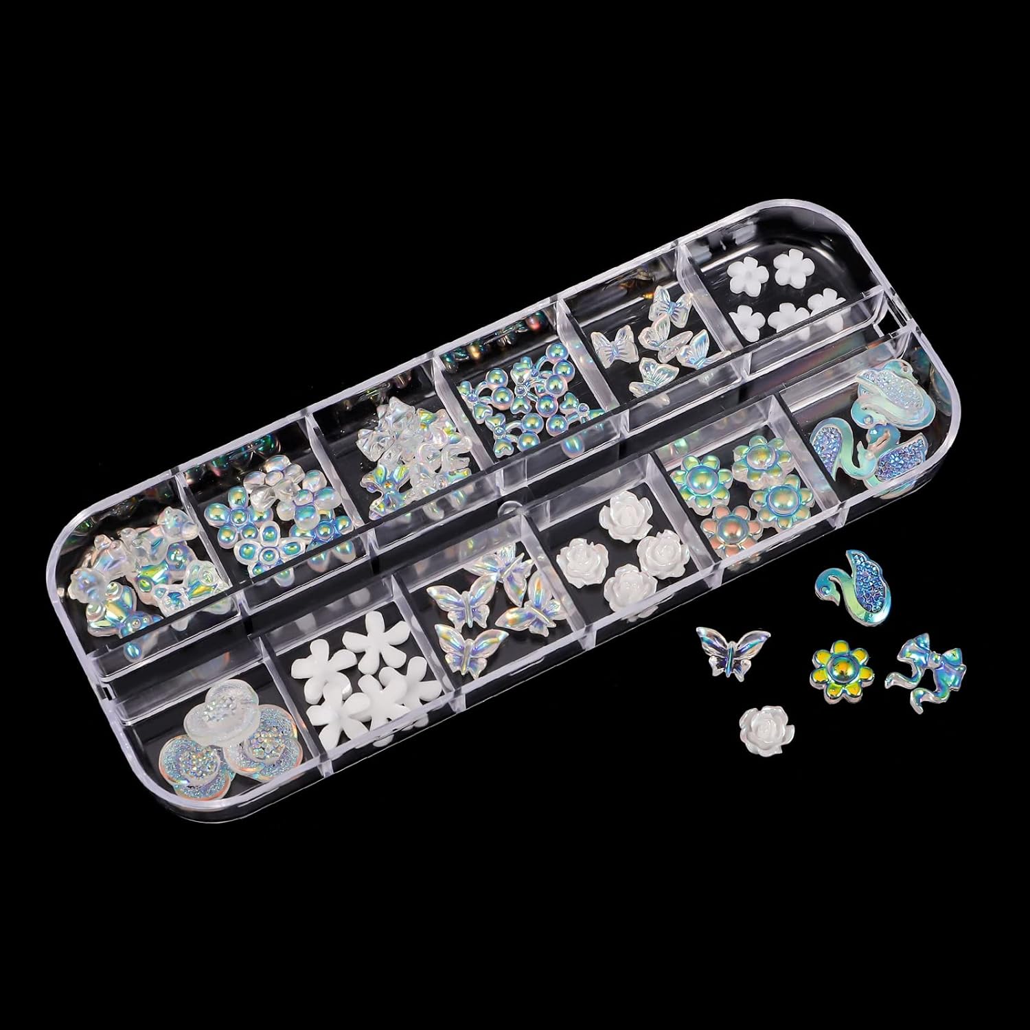 JOELELI 3D Acrylic Butterfly Flowers for Nails, Bear Charms, Flat Accessories - 24 Styles Starry AB Gems, Stones, Pearls, Gold