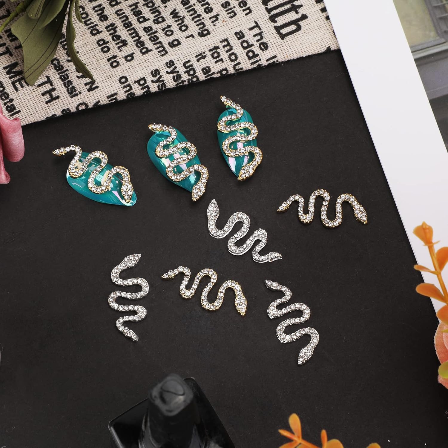 10 Pieces 3D Snake Nail Charms Set,Snake Nail Decorations Kit (Gold + Silver)