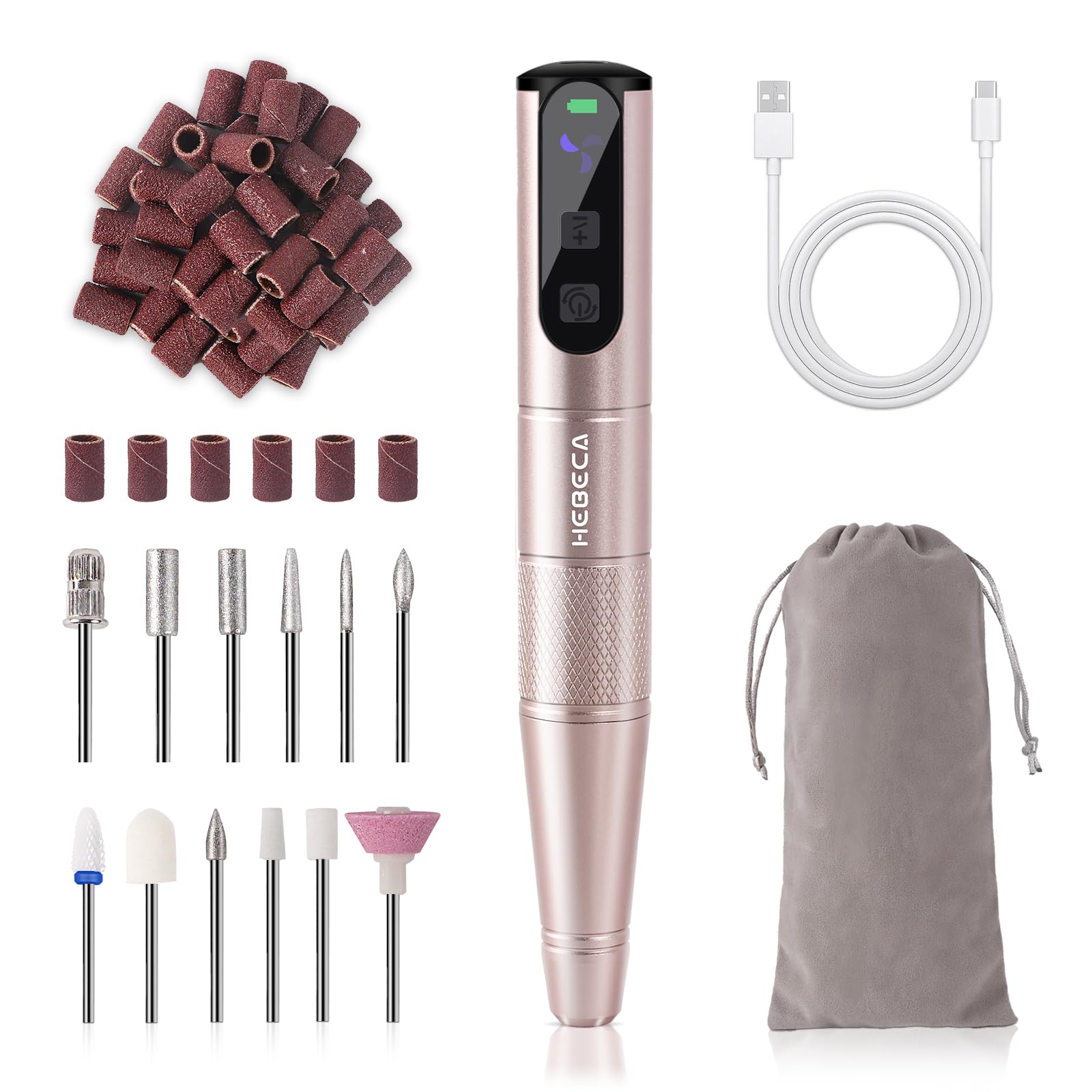 HEBECA Cordless Nail Drill Set - Professional Electric Nail File with 12 Drill Bits 26 Sanding Bands for Natural or Acrylic Gel Nails -Rechargeable.
