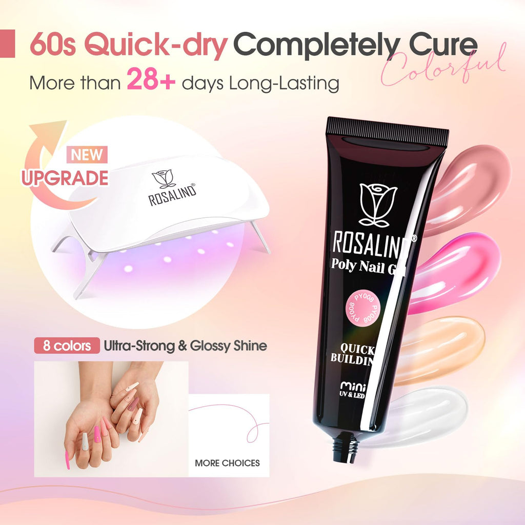 ROSALIND MINI Poly Nail Gel Kit, 8 Colors 0.34oz Each Tube Poly Nails Gel Starter Kit with Slip Solution and Mini UV Lamp, Clear Nude Purple Gels Extension Set