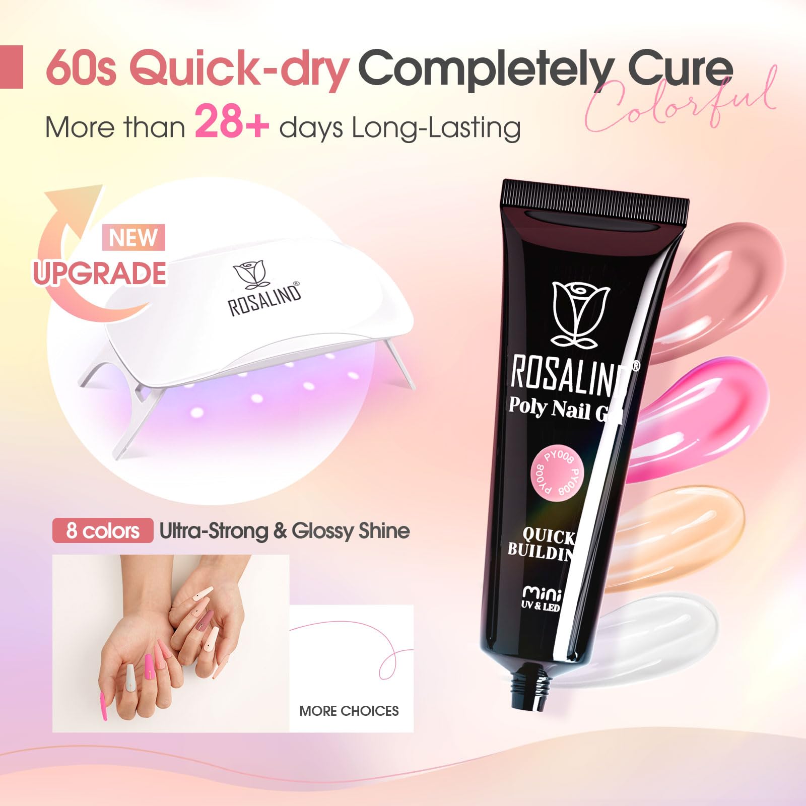 ROSALIND MINI Poly Nail Gel Kit, 8 Colors 0.34oz Each Tube Poly Nails Gel Starter Kit with Slip Solution and Mini UV Lamp, Clear Nude Purple Gels Extension Set