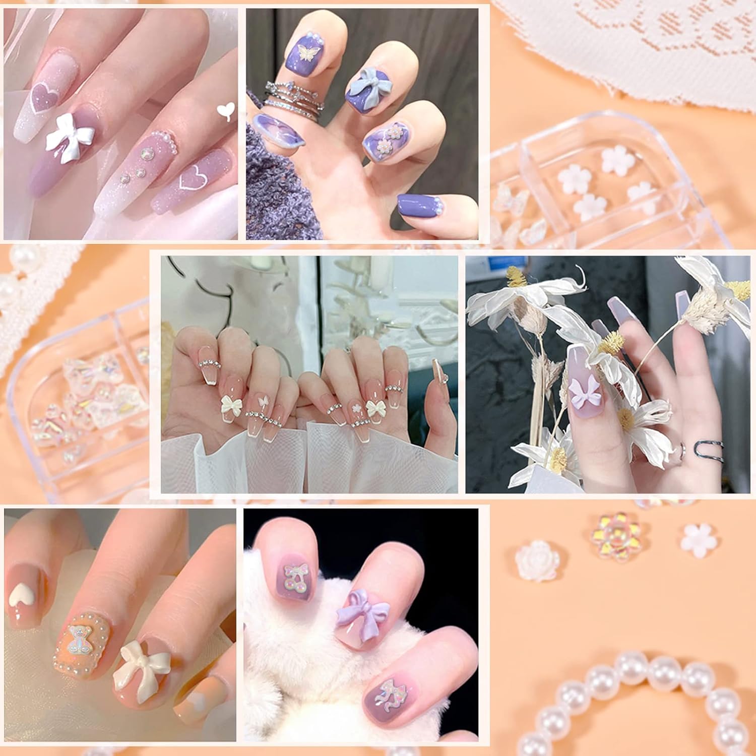 JOELELI 3D Acrylic Butterfly Flowers for Nails, Bear Charms, Flat Accessories - 24 Styles Starry AB Gems, Stones, Pearls, Gold