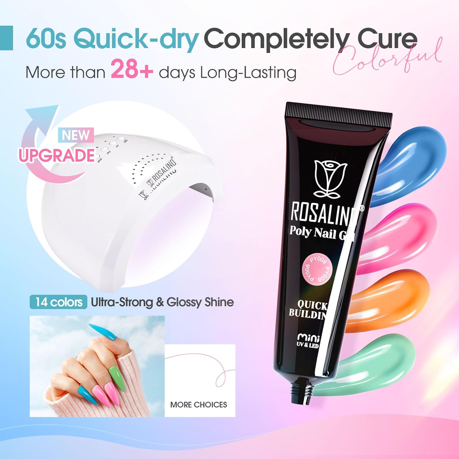 4 different packs ROSALIND Poly Nail Gel Kit with Drill -14 Colors. with U V Lamp Slip Solution and Electric Nail Drill Starter Kit, 0.34 oz/10 ml