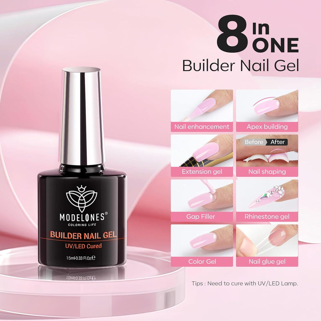 modelones Builder Nail Gel with Gel Top and Base Coat, 3Pcs . Nail Thickening .Apex Building. Nail Extension .Rhinestone Gel Nail Glue, LED Nail Lamp Cured