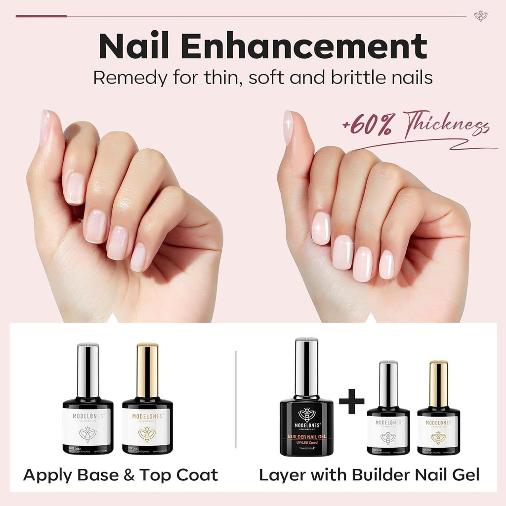 modelones Builder Nail Gel with Gel Top and Base Coat, 3Pcs . Nail Thickening .Apex Building. Nail Extension .Rhinestone Gel Nail Glue, LED Nail Lamp Cured