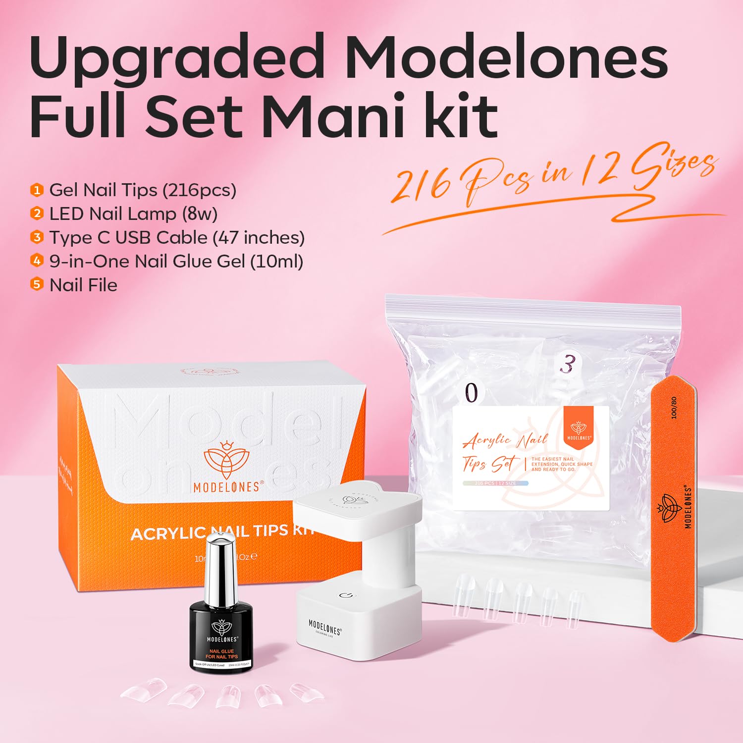 modelones Gel Nail Kit,  Nail Tips Medium Coffin Shape, 9-in-One Nail Glue & Portable U V Nail Lamp, 216Pcs 12Sizes P Nails Tip Nail Extension