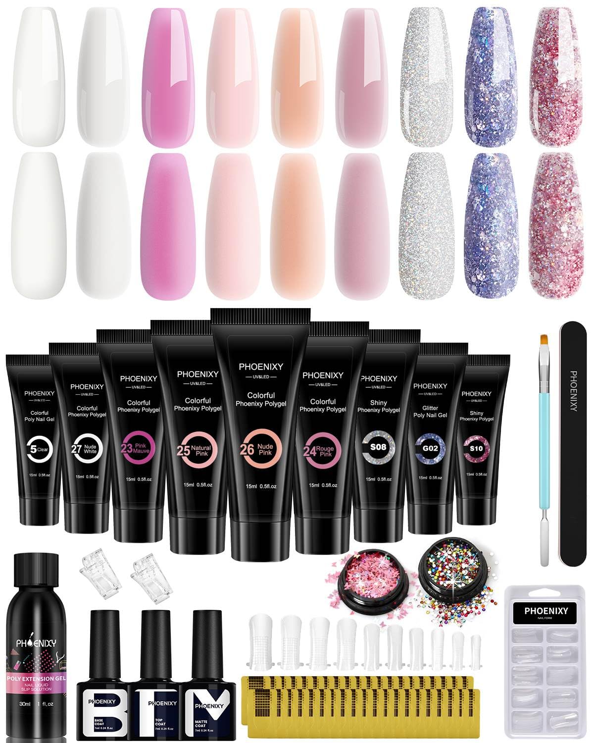 7 different packs . Phoenixy Poly Nail Gel Kit 6 Colors Pink Nude with Sliver Gold Glitter Poly Extension Gel 15 ml