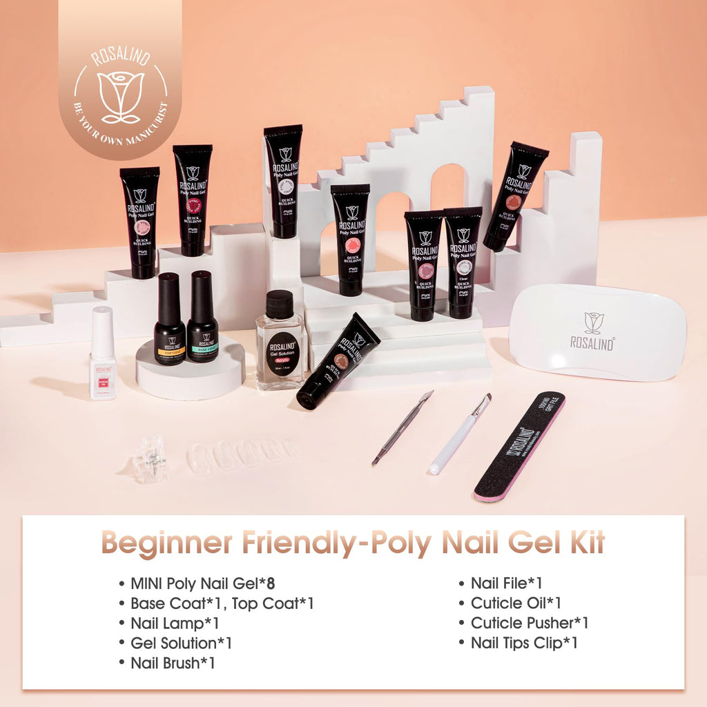 ROSALIND MINI Poly Nail Gel Kit, 8 Colors 0.34oz Each Tube Poly Nails Gel Starter Kit with Slip Solution and Mini UV Lamp, Clear Nude Purple Gels Extension Set
