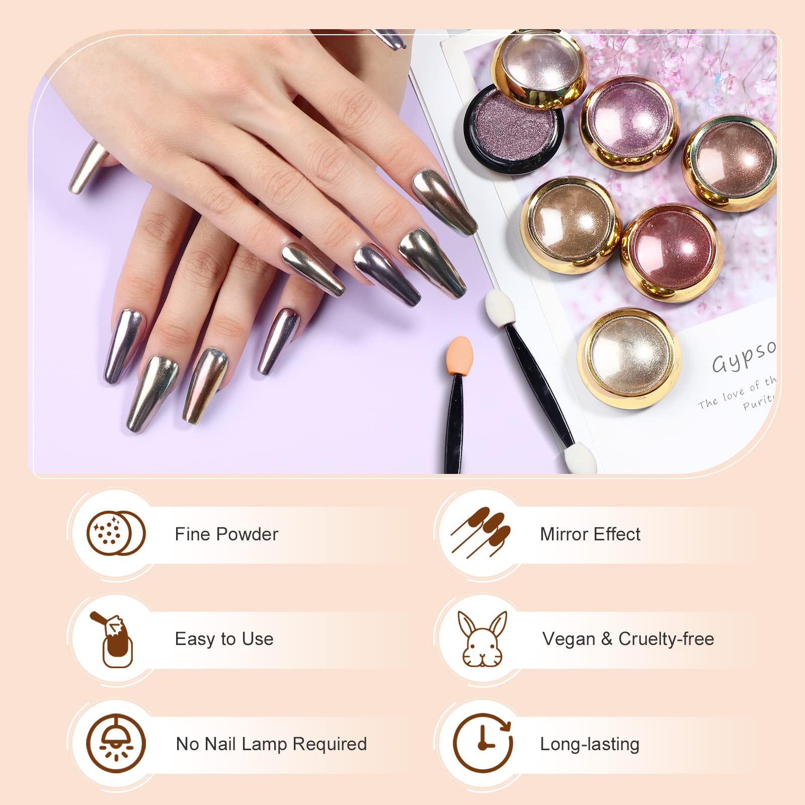 SAVILAND Chrome Nail Powder Set - 6 Colors Rose Gold Chrome Nail Powder Holographic Metallic Mirror Nail Effect Manicure Pigment for Nail Decoration Salon Home DIY Christmas Gift
