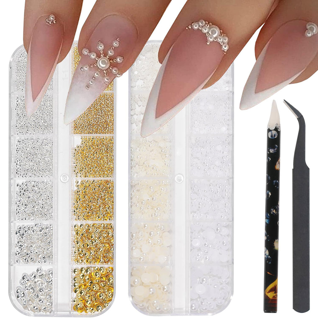 Nail Charms,Nail Gems,3600Pcs Gold & Silver Bead Flat Back Round Rhinestones，Small Nail Pearls 3D Mixed Sizes
