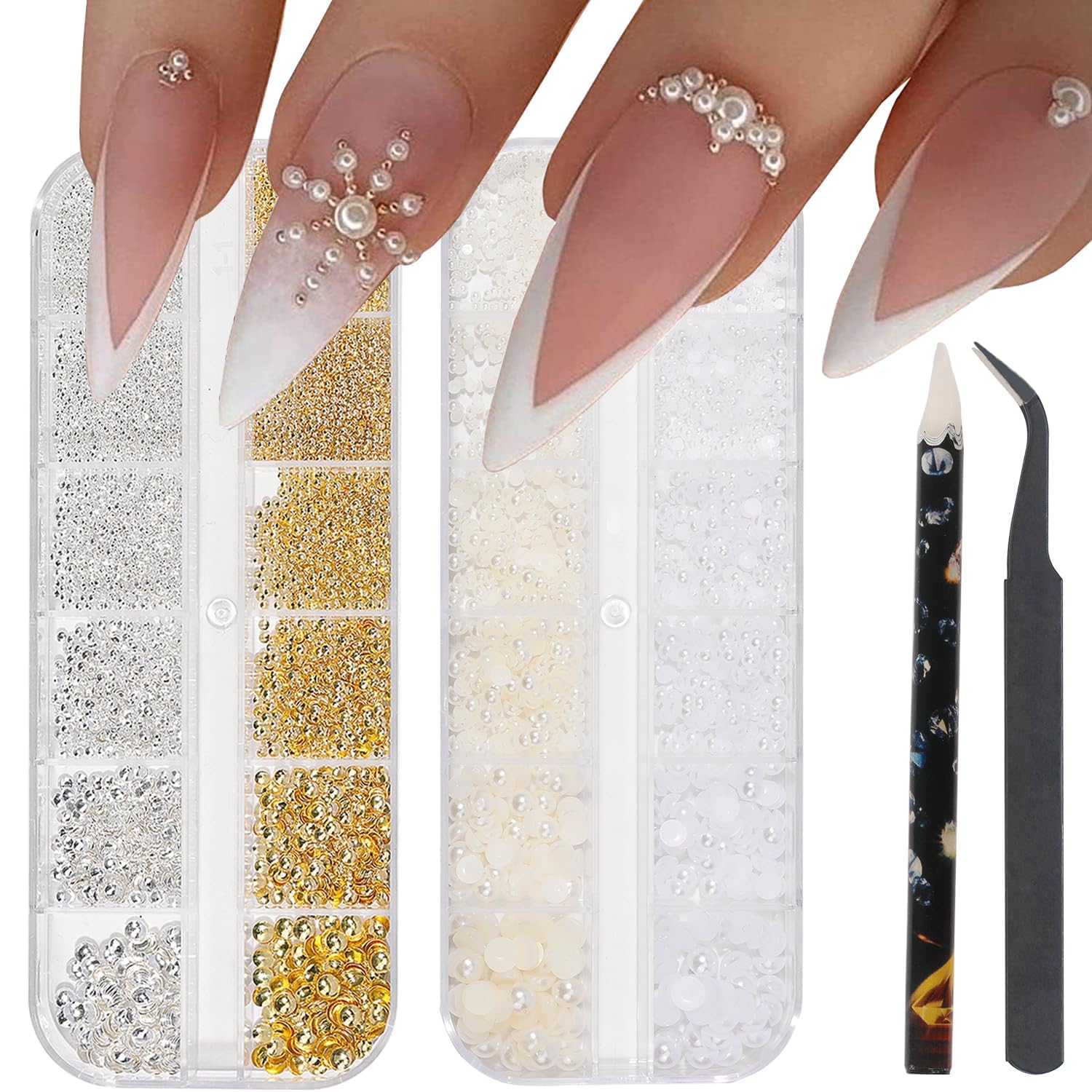 Nail Charms,Nail Gems,3600Pcs Gold & Silver Bead Flat Back Round Rhinestones，Small Nail Pearls 3D Mixed Sizes