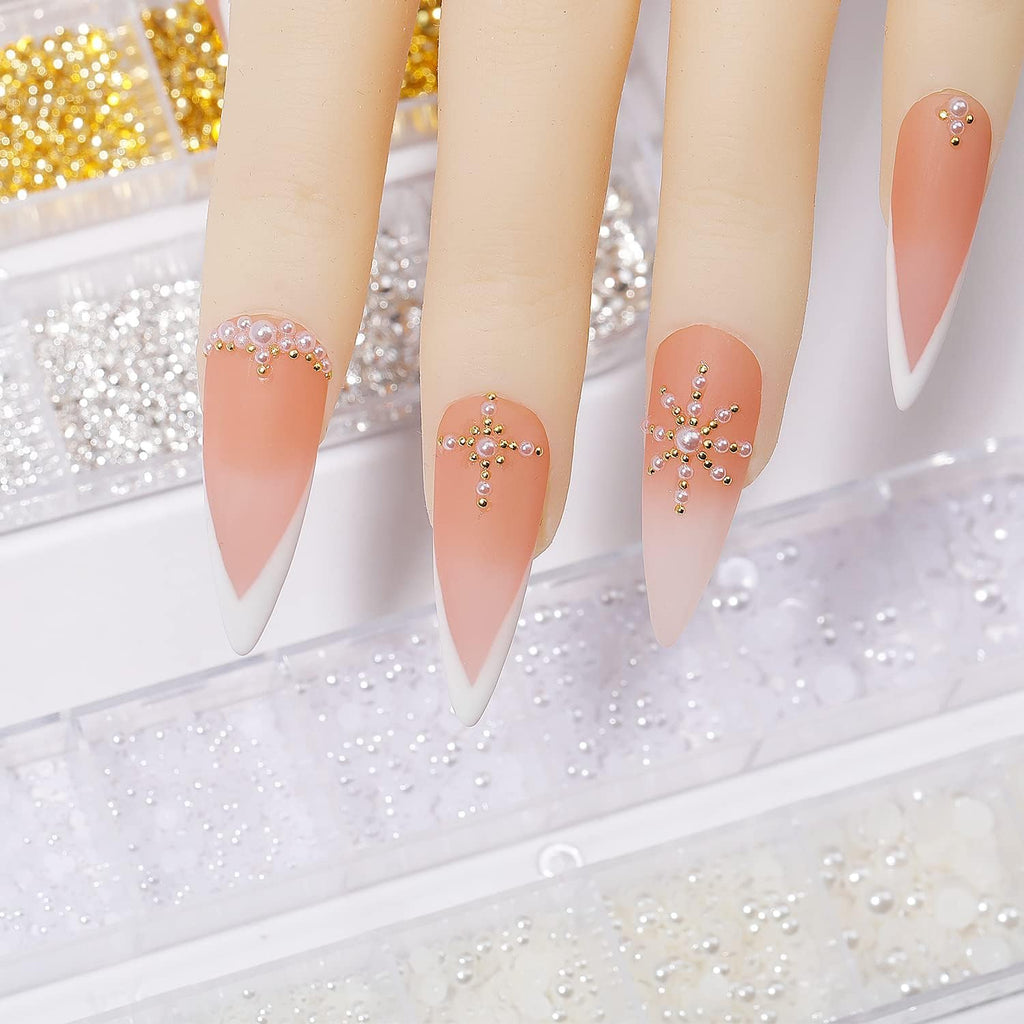 Nail Charms,Nail Gems,3600Pcs Gold & Silver Bead Flat Back Round Rhinestones，Small Nail Pearls 3D Mixed Sizes