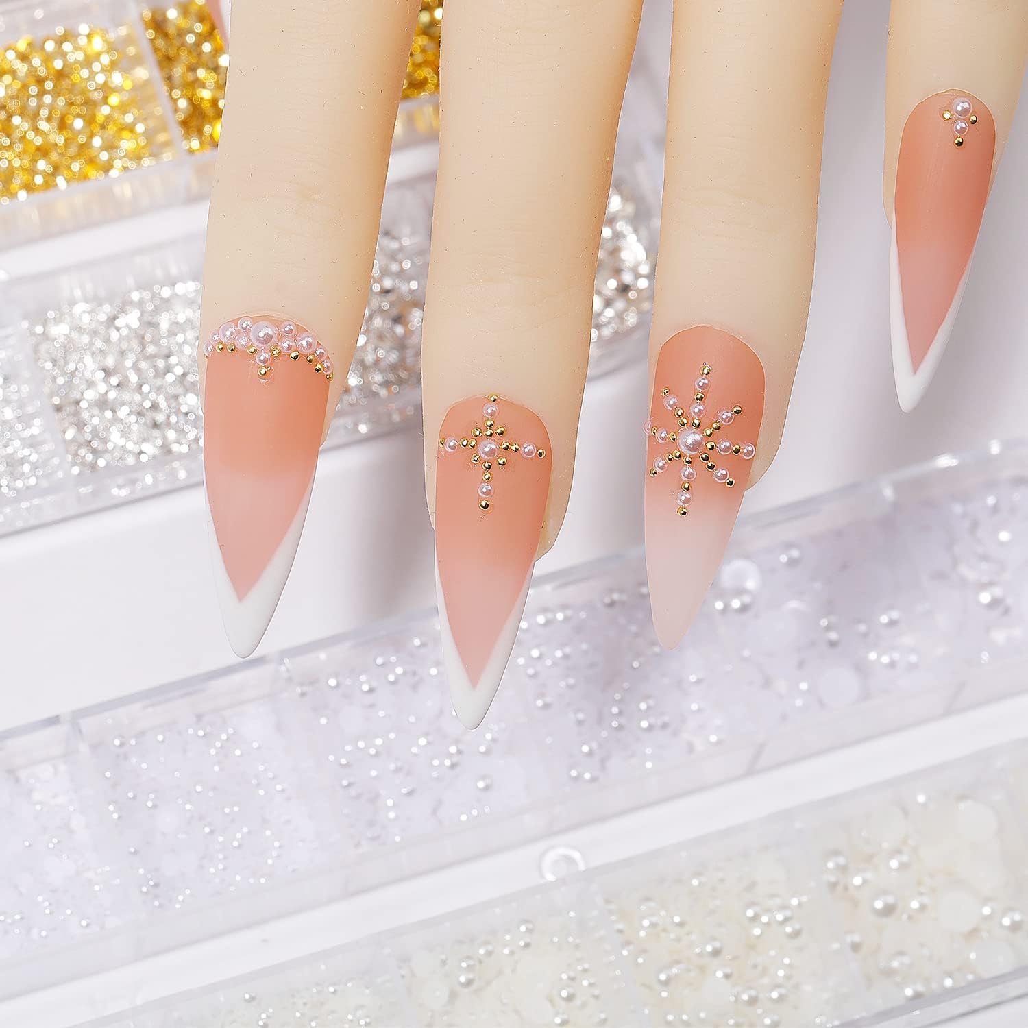 Nail Charms,Nail Gems,3600Pcs Gold & Silver Bead Flat Back Round Rhinestones，Small Nail Pearls 3D Mixed Sizes