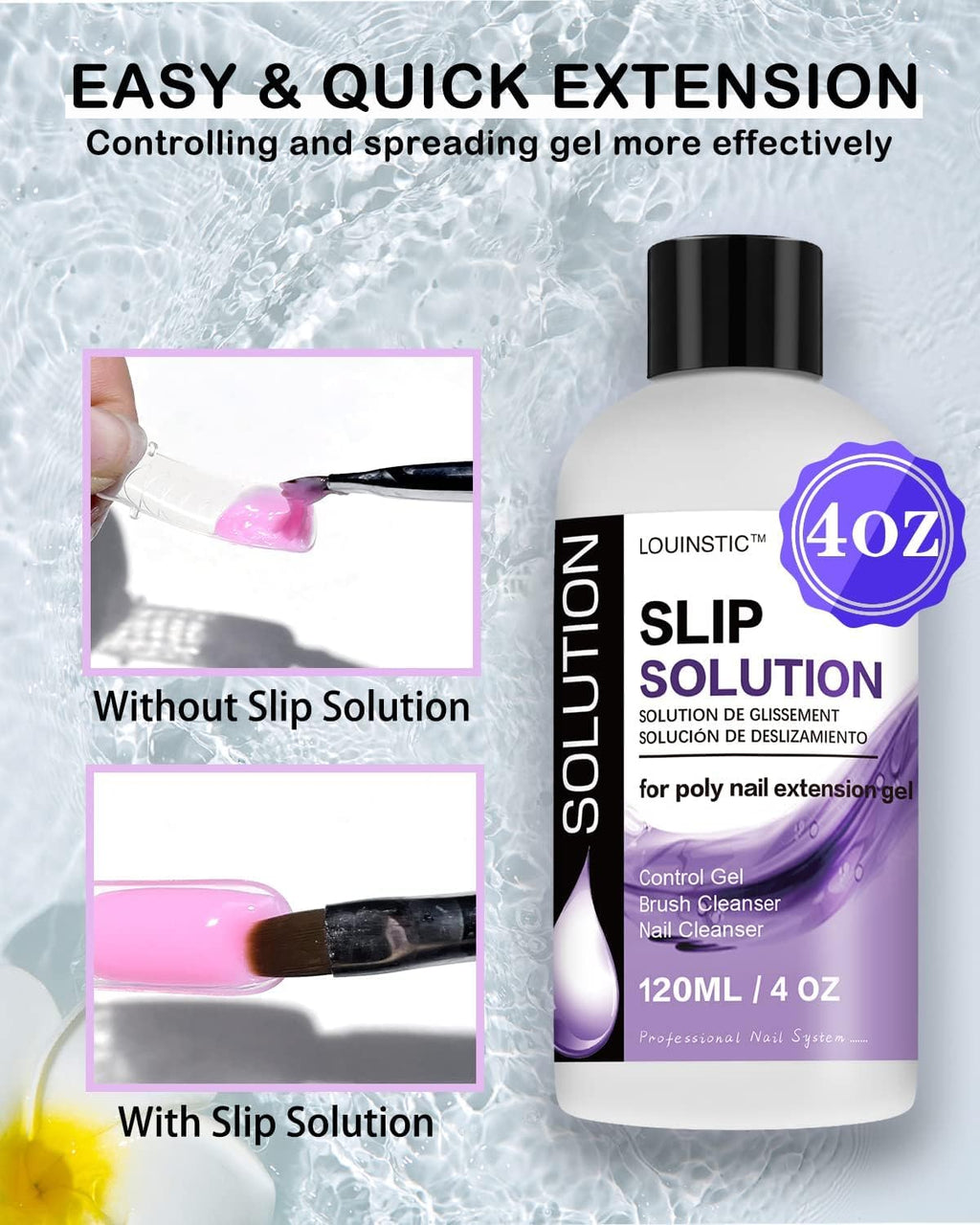LOUINSTIC 3 In1 Poly Nail Gel Slip Solution - 4 oz Anti-Stick Nail Extension Solution, Nail Brush Cleanser, Nail Preparation Cleanser, Slip Solution for Poly Nail Gel Kit
