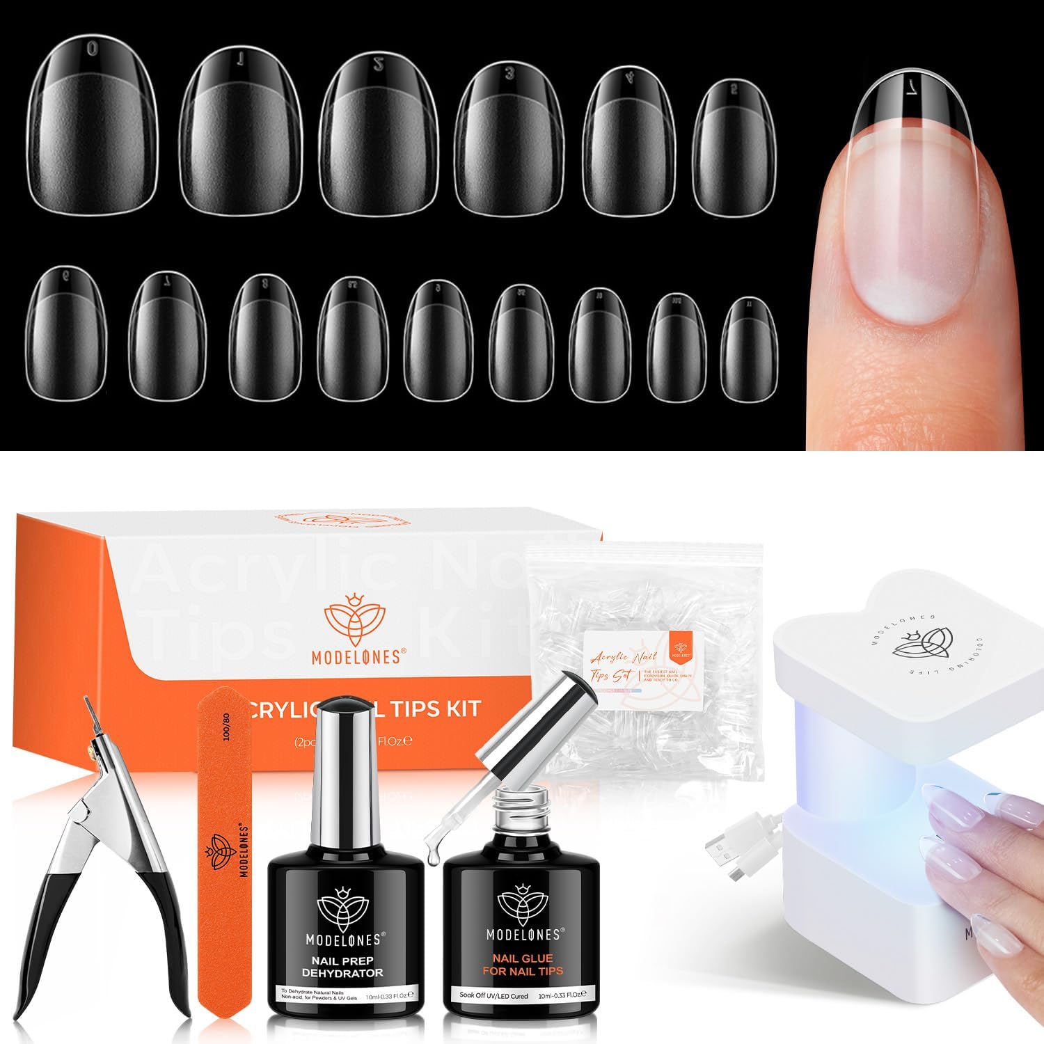 modelones Nail Tips and Glue Gel Nail Kit  (3 diff shapes/packs)Prep Dehydrator 500Pcs Nails Tips 10Sizes Innovative LED Nail Lamp