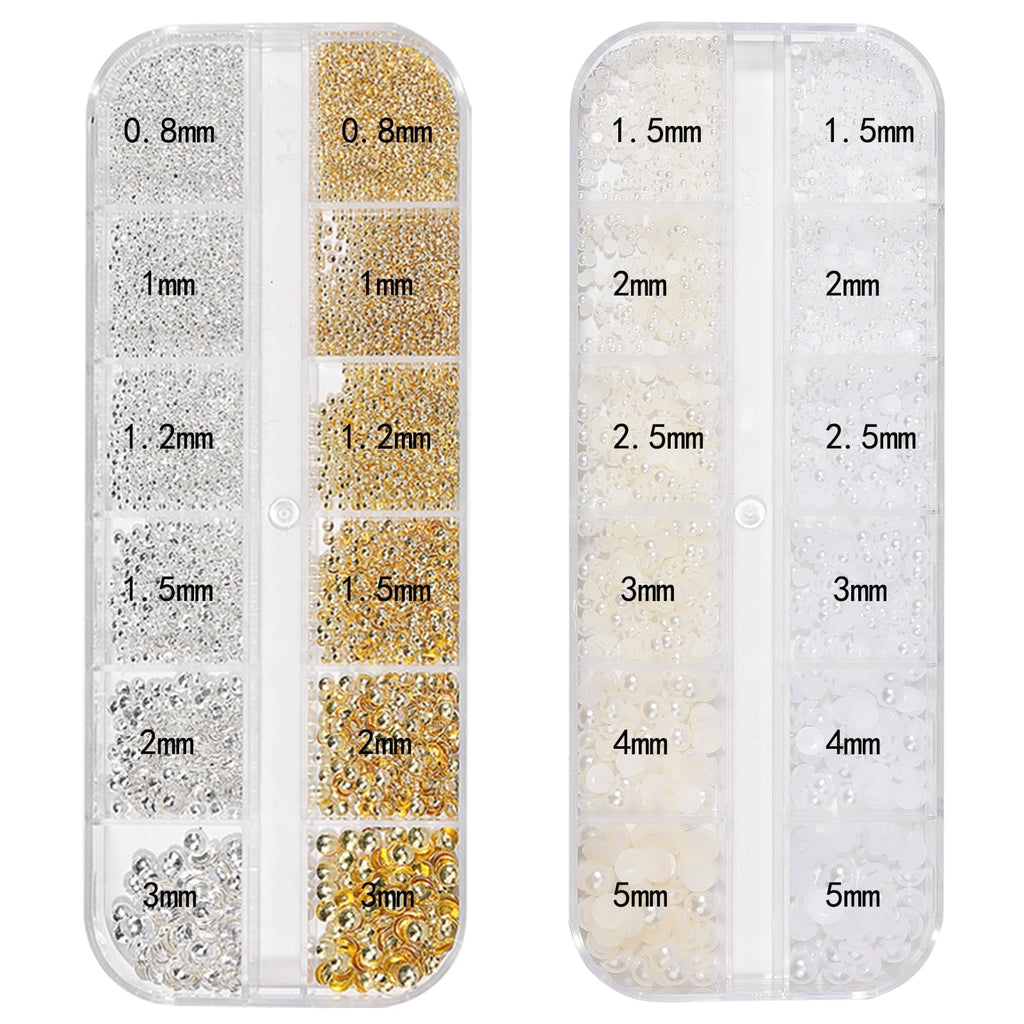 Nail Charms,Nail Gems,3600Pcs Gold & Silver Bead Flat Back Round Rhinestones，Small Nail Pearls 3D Mixed Sizes