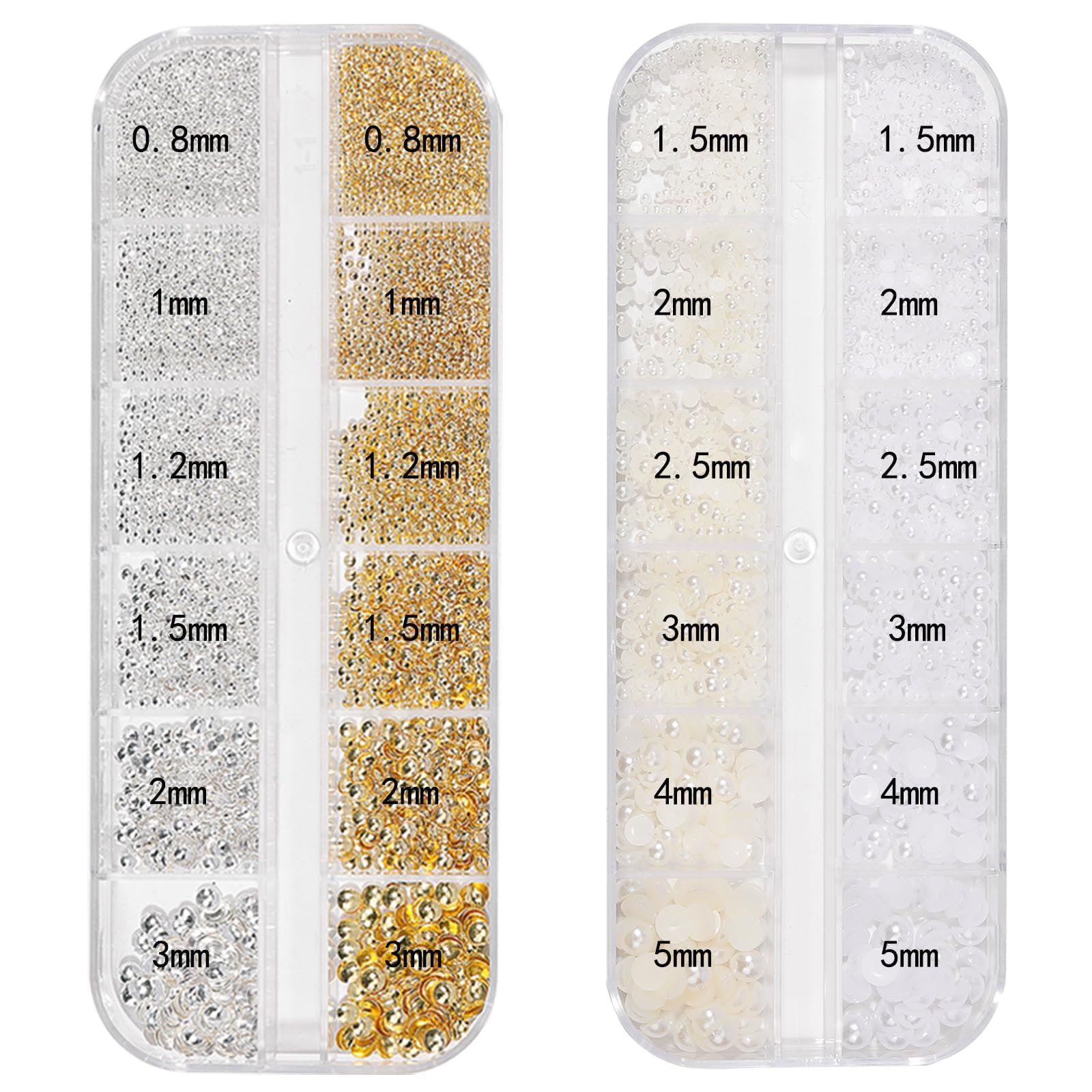 Nail Charms,Nail Gems,3600Pcs Gold & Silver Bead Flat Back Round Rhinestones，Small Nail Pearls 3D Mixed Sizes