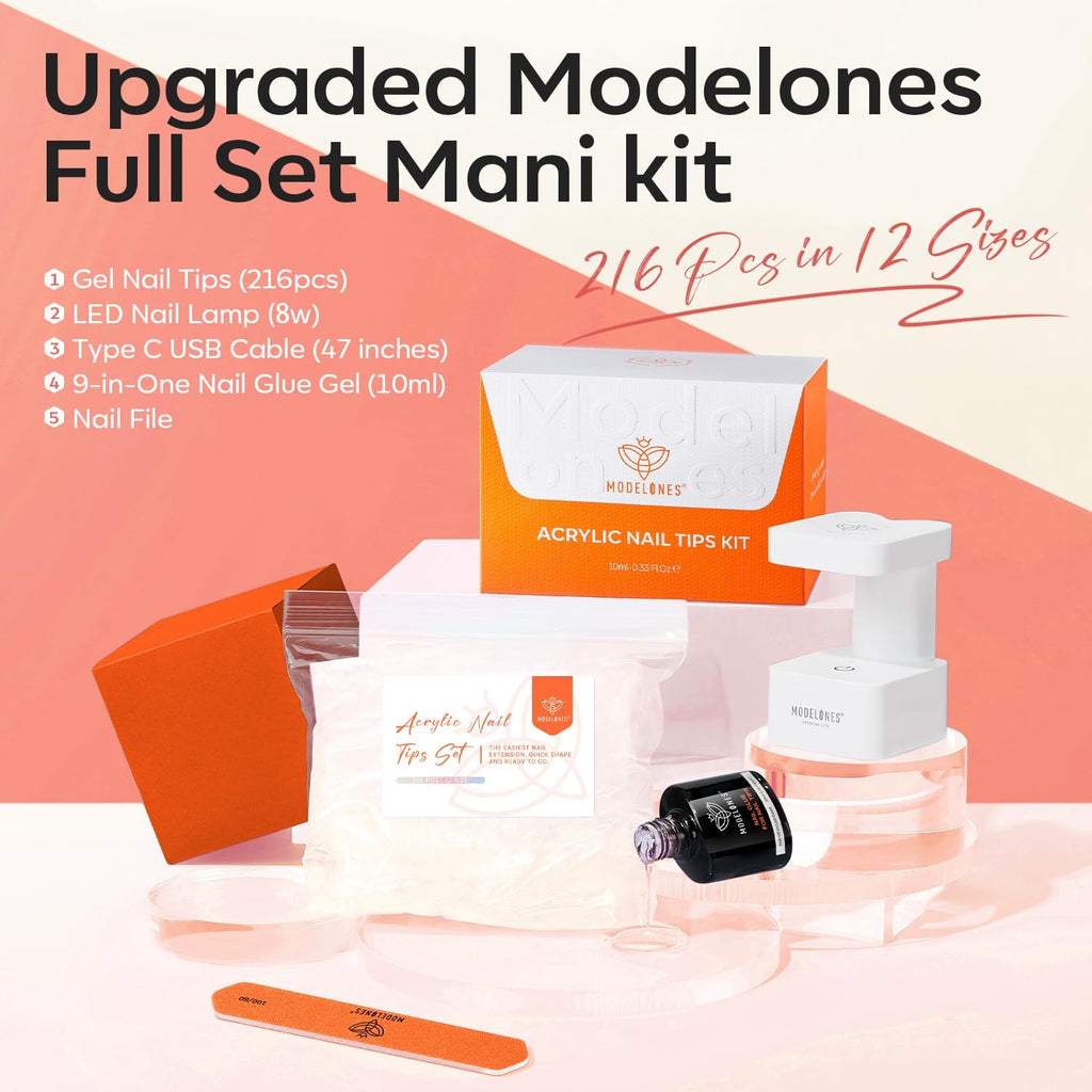 modelones Gel Nail Kit,  Nail Tips Medium Coffin Shape, 9-in-One Nail Glue & Portable U V Nail Lamp, 216Pcs 12Sizes P Nails Tip Nail Extension