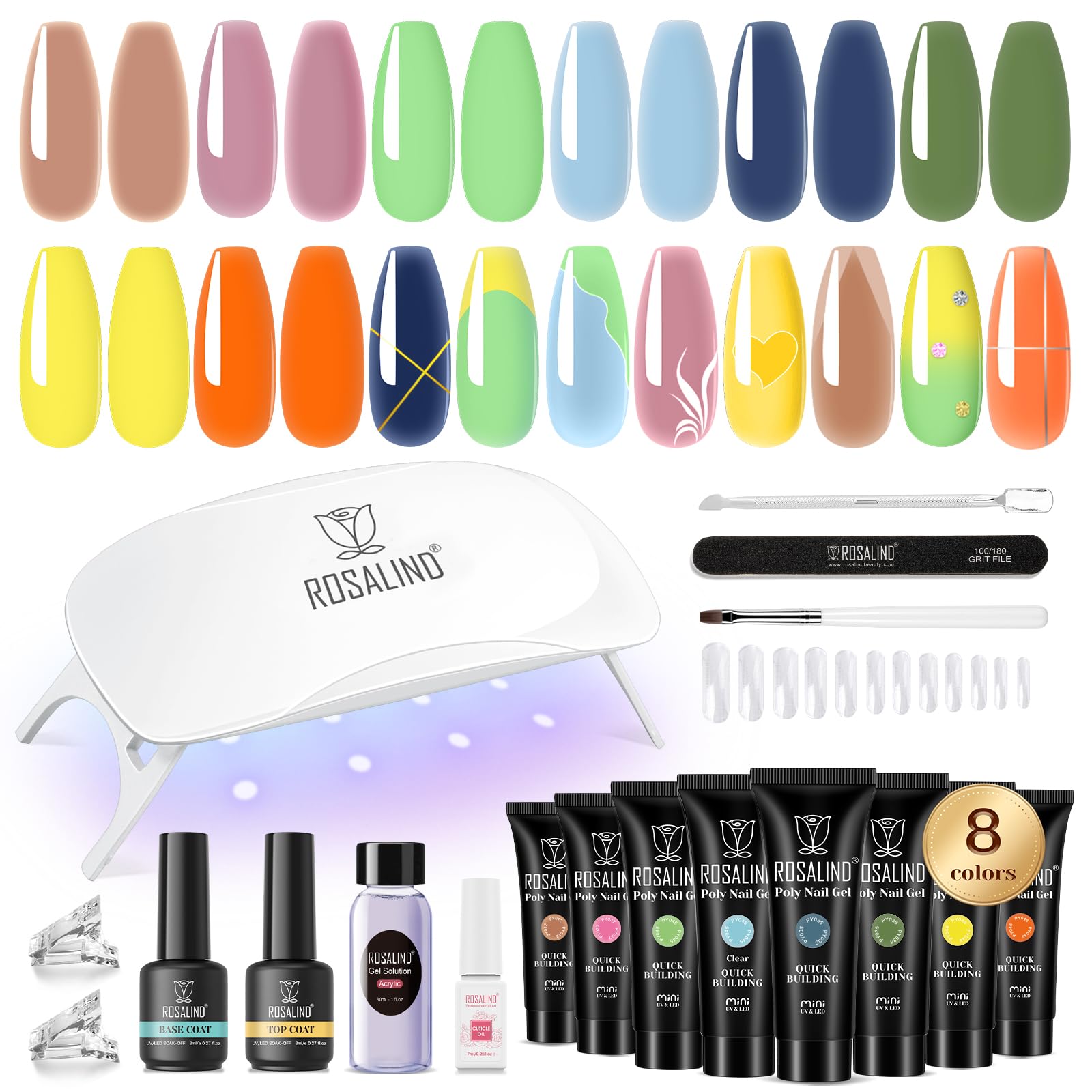 ROSALIND MINI Poly Nail Gel Kit, 8 Colors 0.34oz Each Tube Poly Nails Gel Starter Kit with Slip Solution and Mini UV Lamp, Clear Nude Purple Gels Extension Set