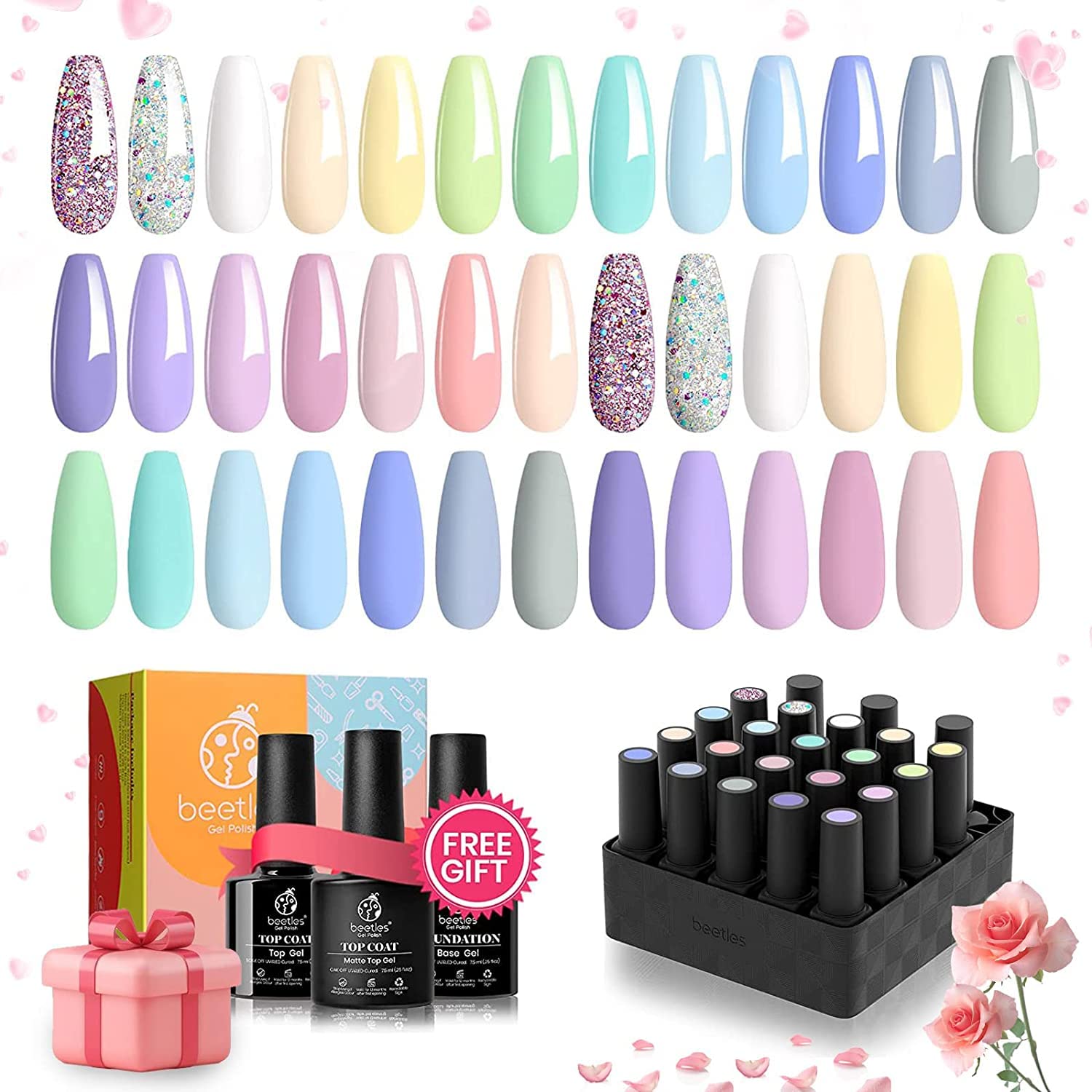 Beetles Gel Nail Polish Kit, ( 16 diff combinations and prices) 20 Colors Soak Off Gel Polish with 1 Base Coat 1 Glossy & 1 Matte Top Coat