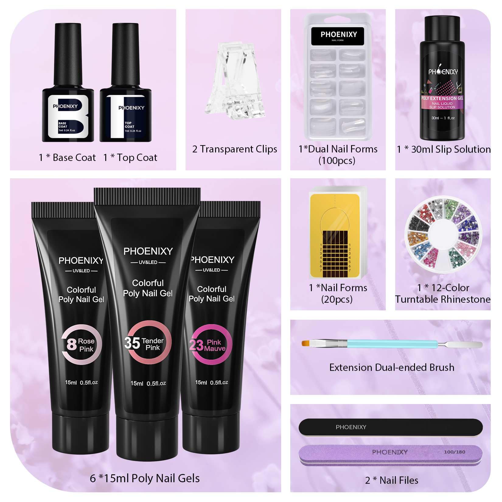 7 different packs . Phoenixy Poly Nail Gel Kit 6 Colors Pink Nude with Sliver Gold Glitter Poly Extension Gel 15 ml