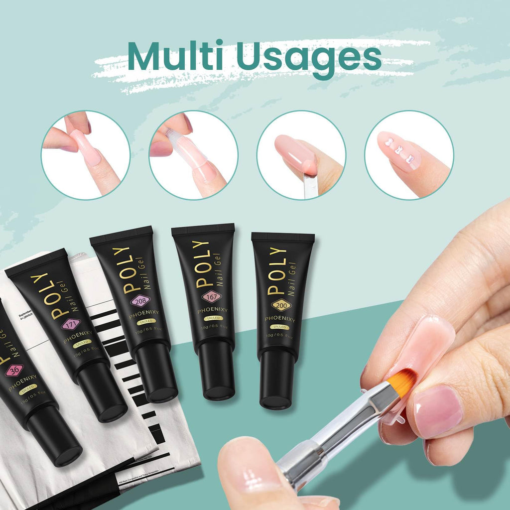 7 different packs . Phoenixy Poly Nail Gel Kit 6 Colors Pink Nude with Sliver Gold Glitter Poly Extension Gel 15 ml