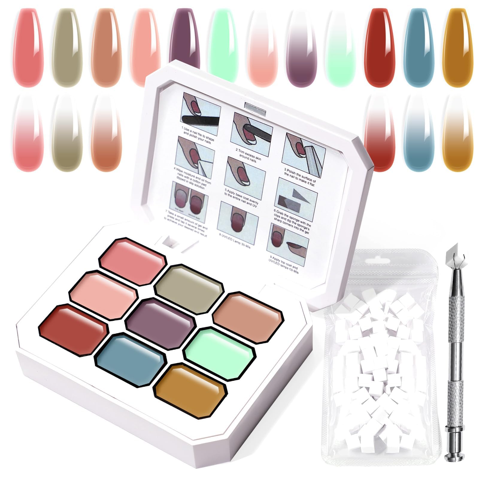 Gradient Painting Gel,(plenty of diff combinations!) 9 Colors Ombre Gel Nail Polish with 100Pcs Nail Sponges &Tweezers, Sponging Gel Nail Polish for Ombre Nails